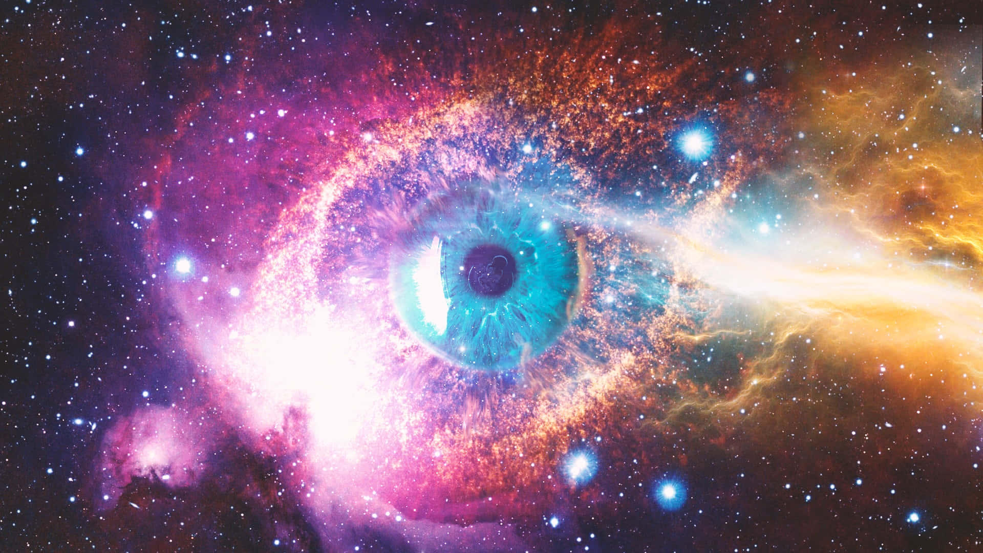 Cosmic Rays 桌布 壁紙 — 由旋轉星雲形成的宇宙之眼，鮮豔的藍色、粉紅色和橙色在星空中發光。