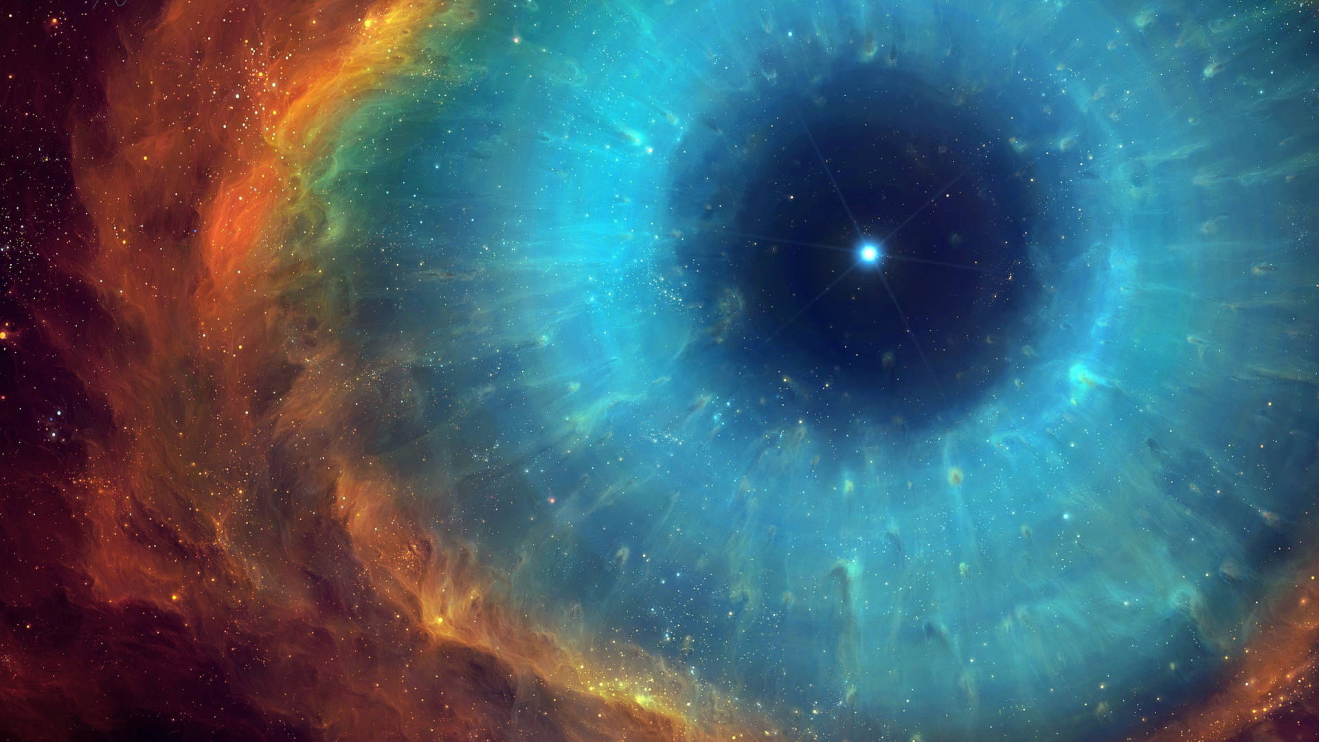 彩色動圖 桌布 壁紙 — 由旋轉的藍色和橙色星雲形成的宇宙之眼，其黑暗瞳孔中有一顆明亮的星星。