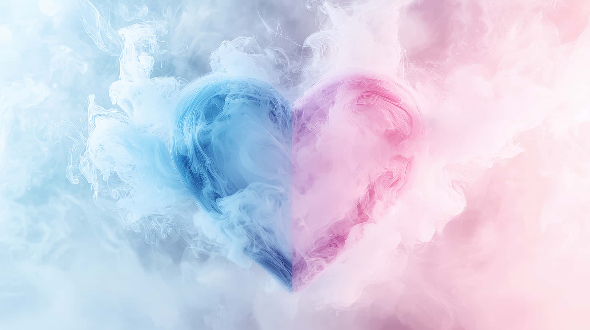 A heart divided into blue and pink halves, surrounded by swirling smoke, symbolizing love, passion, 壁紙 — 由旋轉的藍色和粉紅色煙霧形成的愛心，背景為柔和漸變色。