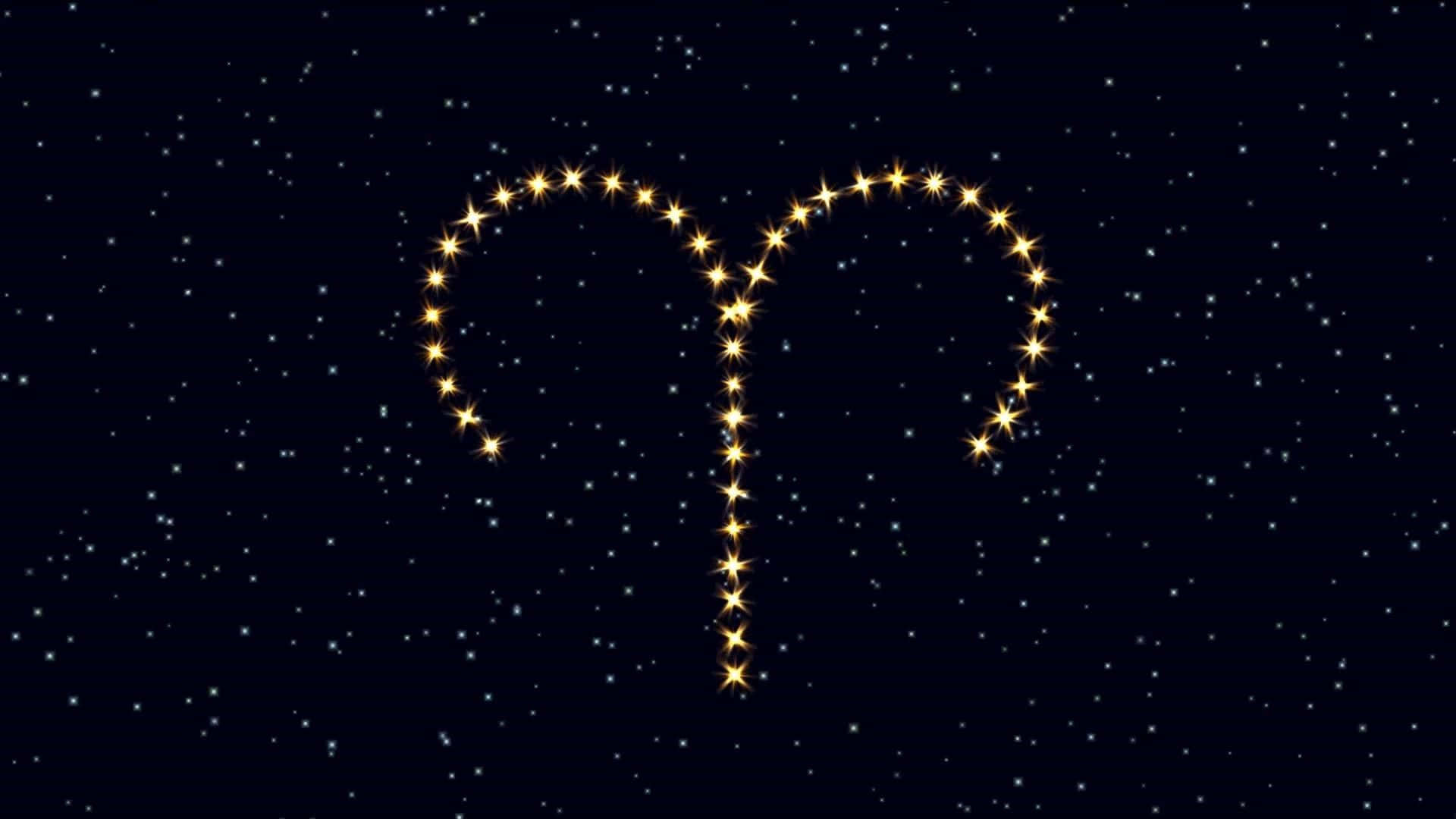 aries 桌布 壁紙 — 由明亮星星組成的發光金色牡羊座星座，點綴在深藍色夜空中的閃爍星星之間。