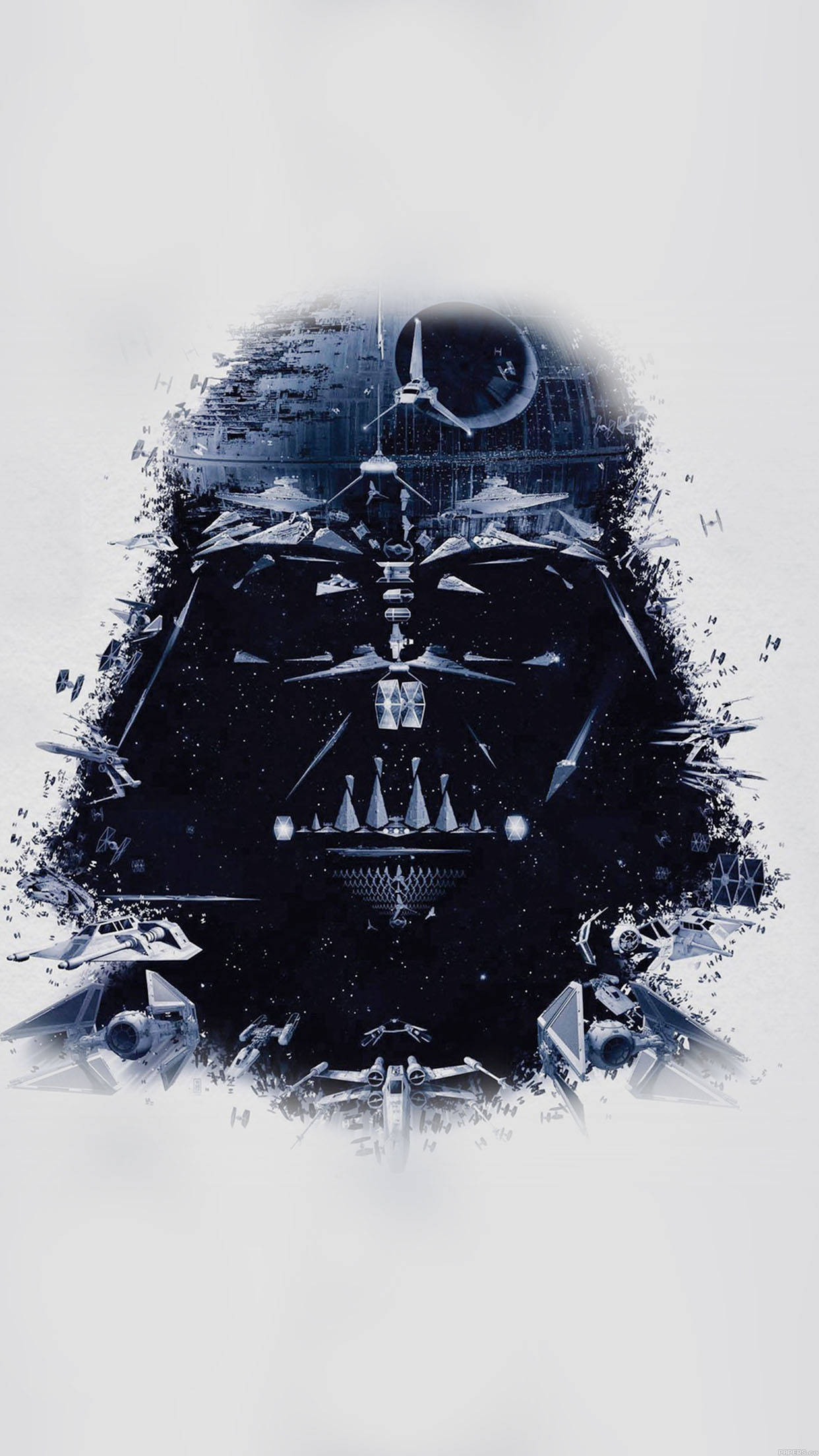 star wars iPhone 7 桌布 壁紙 — 由星際大戰太空船和死星碎片組成的黑武士頭盔的黑色剪影，背景為純白色。