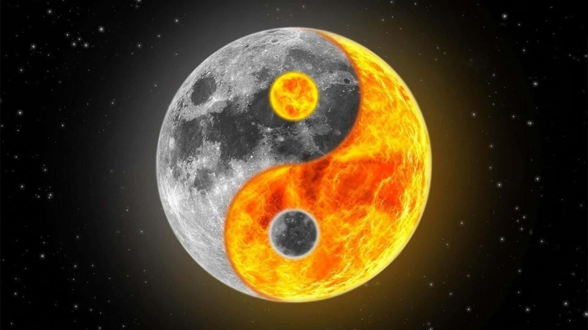 yin yang 桌布 壁紙 — 由月亮和太陽形成的宇宙陰陽符號，背景有星星。