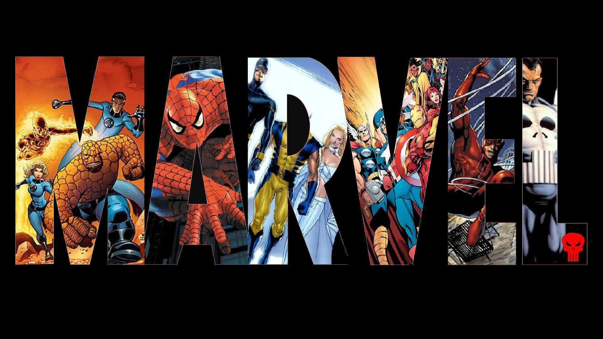 Best Marvel 桌布 壁紙 — 由標誌性漫畫英雄和反派以動態姿勢在黑色背景上組成的「MARVEL」一詞。