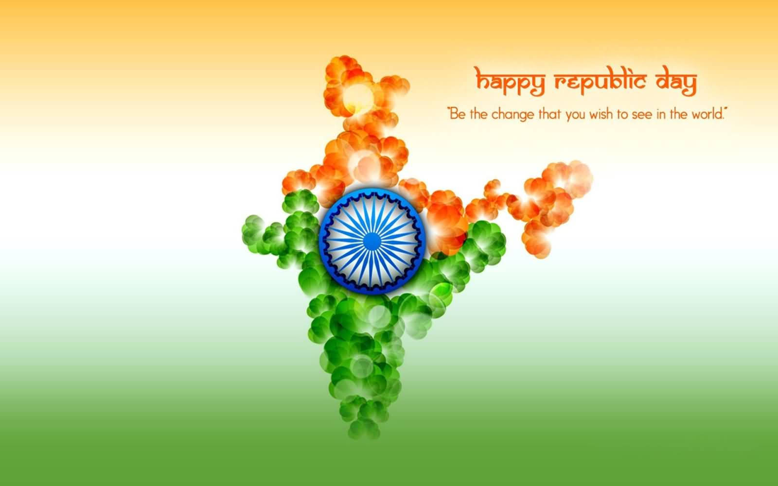 Republic Day 桌布 壁紙 — 由橙色、綠色和藍色圓形爆發形成的印度地圖，中心有阿育王法輪，漸層背景上有慶祝文字。