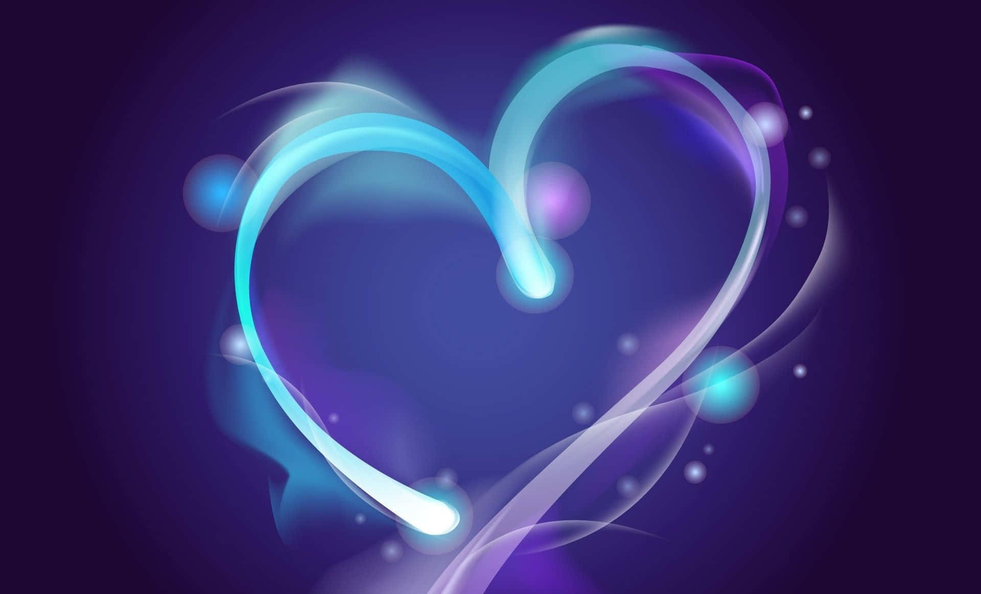 Blue Heart 桌布 壁紙 — 由流動光軌形成的發光霓虹心形，背景為深紫色，帶有漂浮球體。