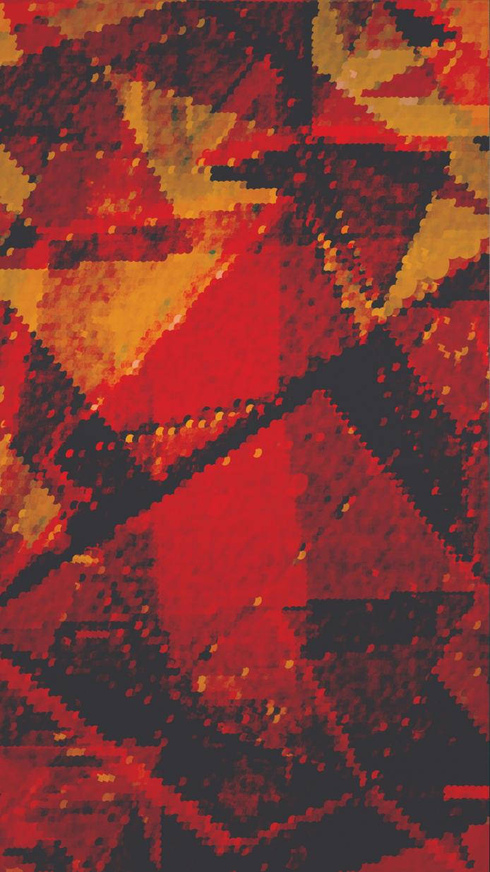 Geometric 桌布 壁紙 — 由火紅、金色和深黑色組成的像素化抽象構圖，形成鋸齒狀幾何形狀。
