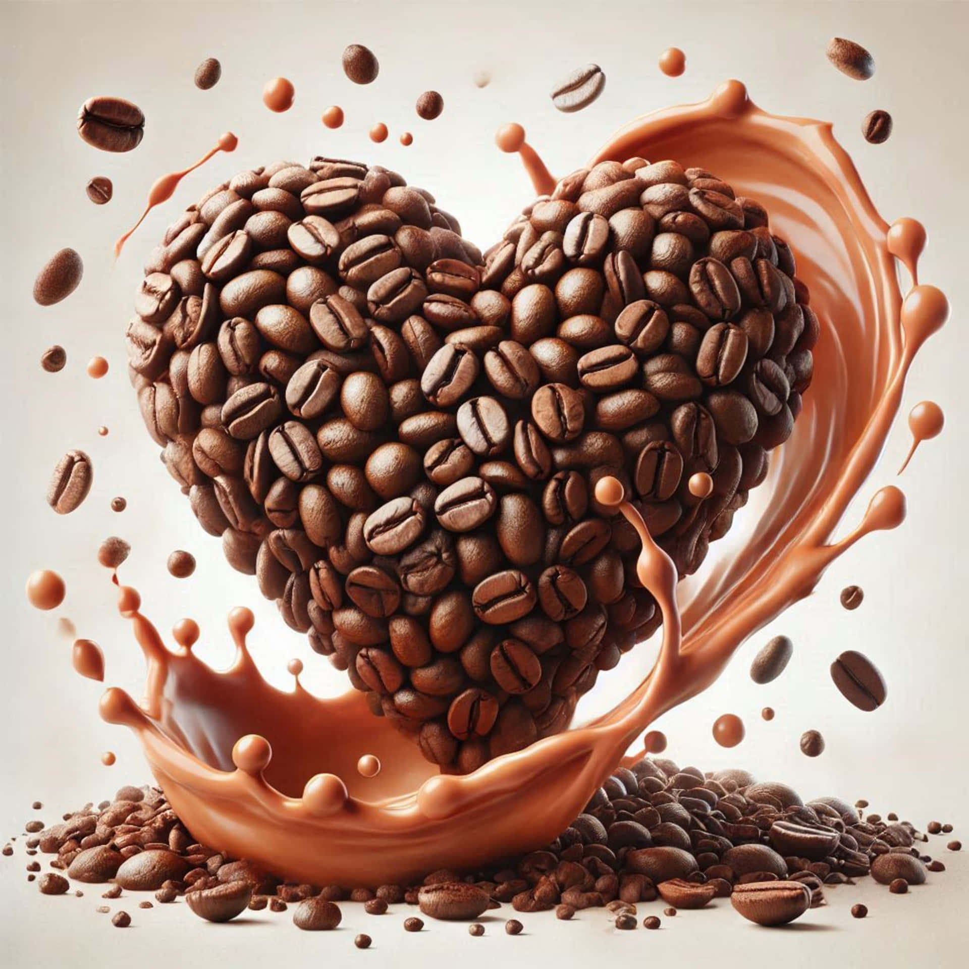Coffee heart illustration 壁紙 — 由烘焙咖啡豆形成的心形，被動態的巧克力飛濺和散落的豆子包圍在淺色背景上。