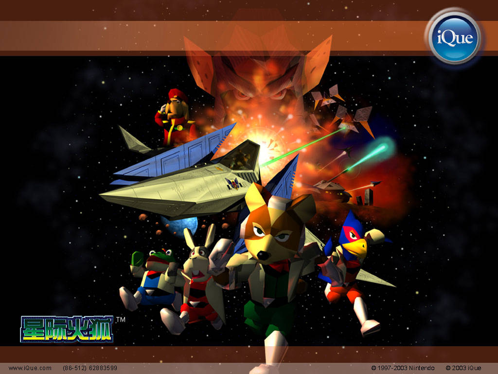 Star Fox 桌布 壁紙 — 由狐狸飛行員和船員駕駛的太空船，在星空太空戰中向巨大的火熱外星人臉發射雷射。