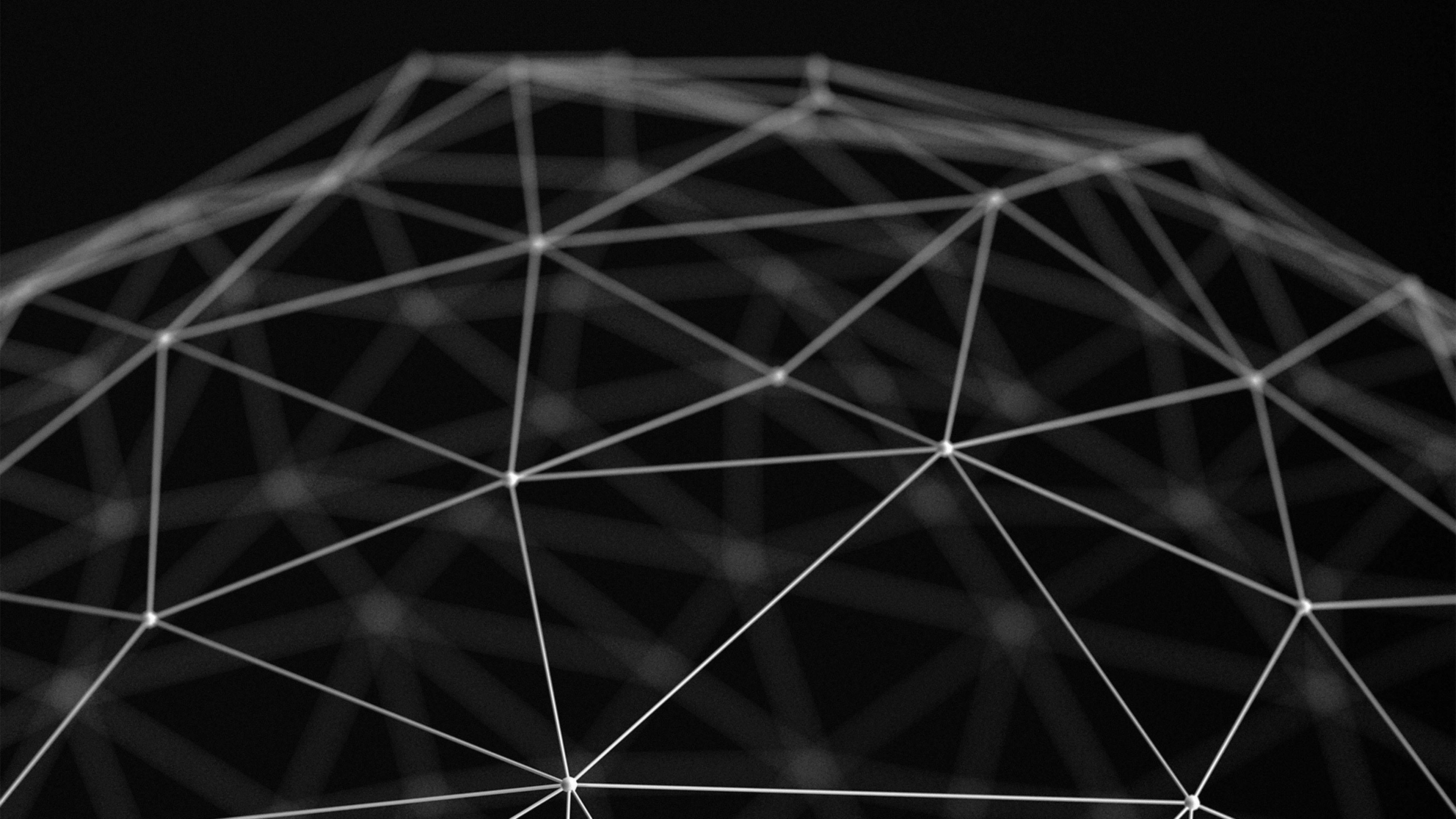 Blockchain 桌布 壁紙 — 由發光白線和點組成的幾何圓頂結構，在深色背景上形成未來感網路。