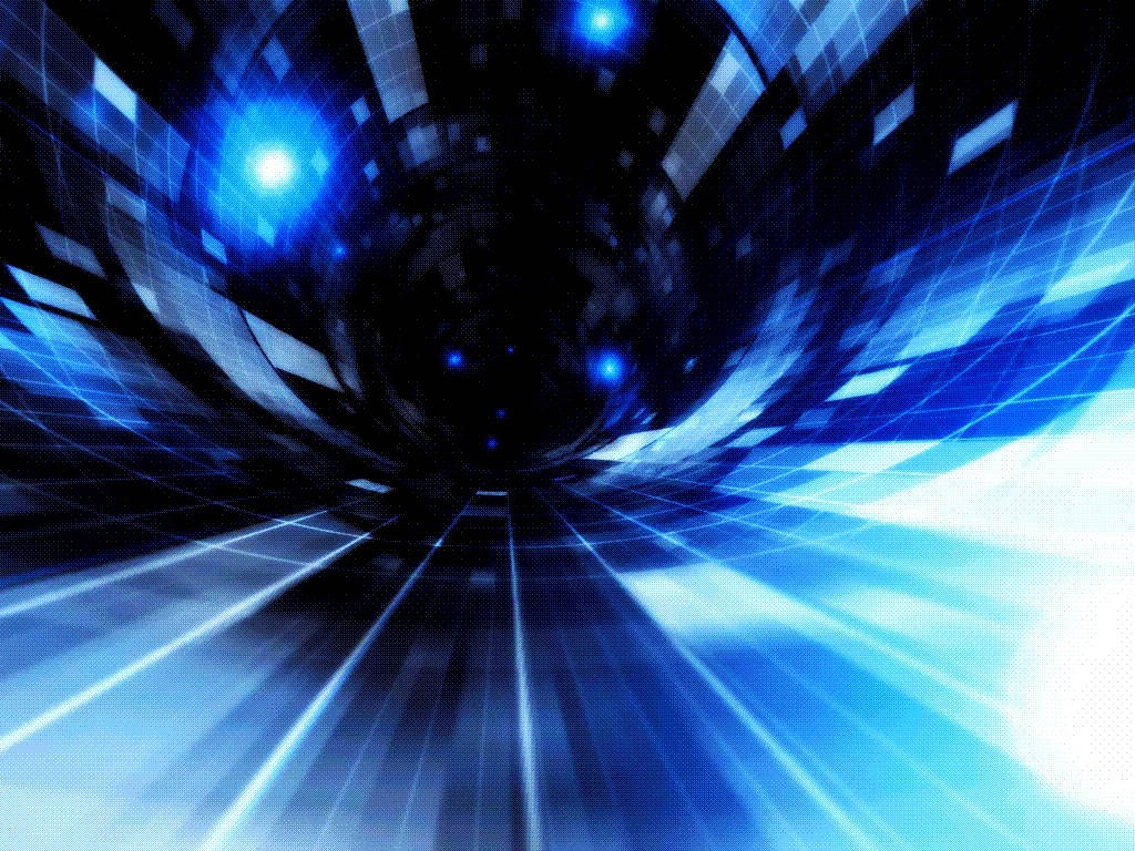 lights 桌布 壁紙 — 由發光藍光和幾何面板組成的數位隧道，逐漸消失在黑暗的漩渦中。