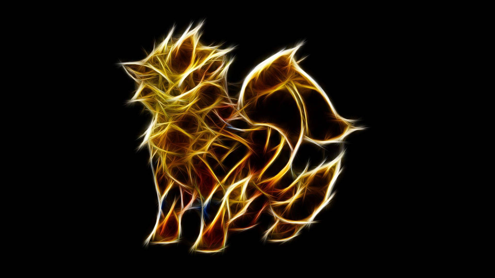 Arcanine 桌布 壁紙 — 由發光金色碎形線條組成的火熱狐狸剪影，背景為黑色。