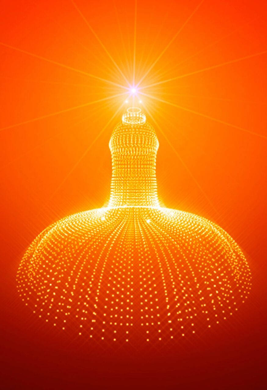 Shiv Baba 桌布 壁紙 — 由發光點製成的璀璨吊燈，在熾熱的橙色漸變背景上發出燦爛的星爆。