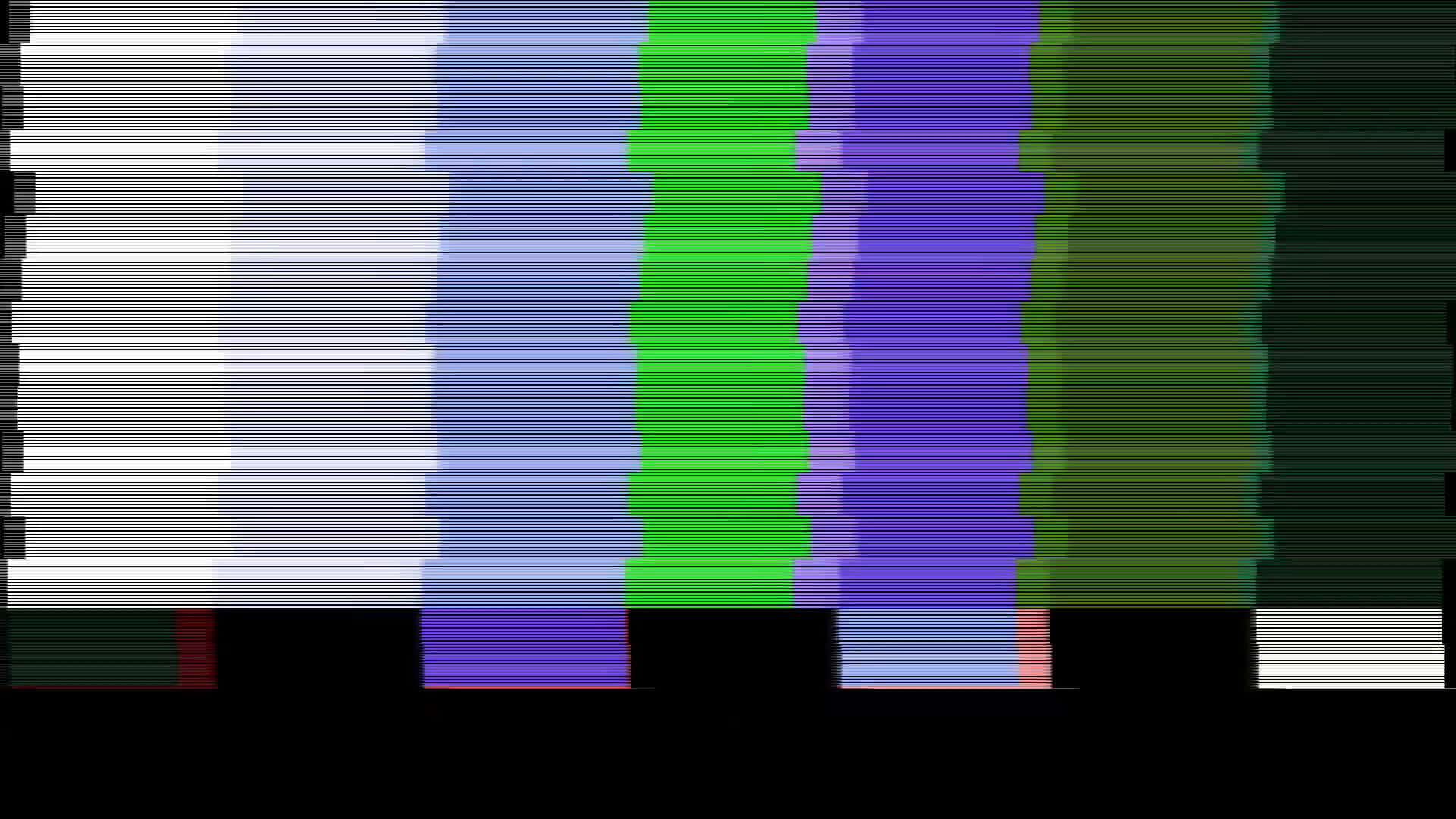 Glitch Effect 桌布 壁紙 — 由白色、藍色、綠色、紫色和黑色的水平掃描線扭曲的垂直彩色條紋的故障藝術作品。