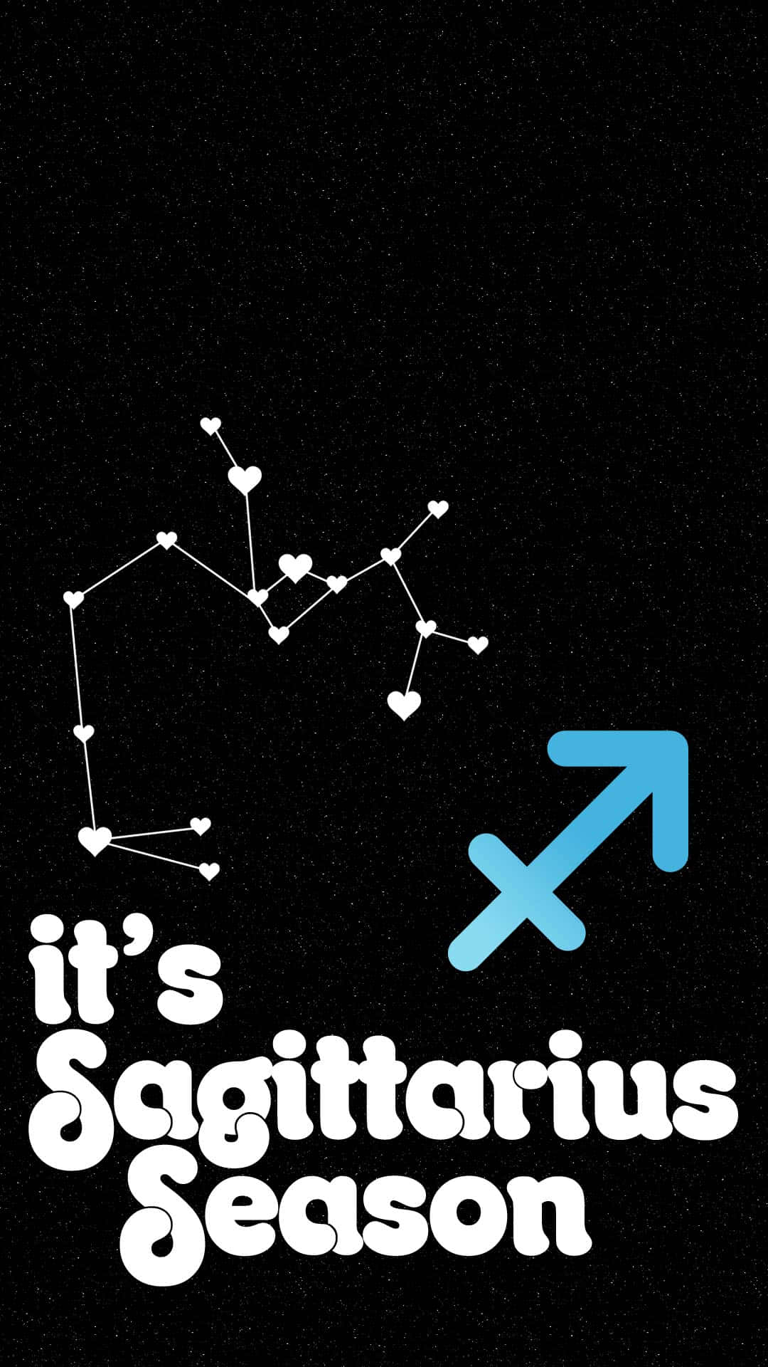 sagittarius 桌布 壁紙 — 由白色心形組成的宇宙射手座星座，背景是繁星點點的黑色，帶有藍色箭頭符號和粗體白色文字，宣告射手座季節來臨。