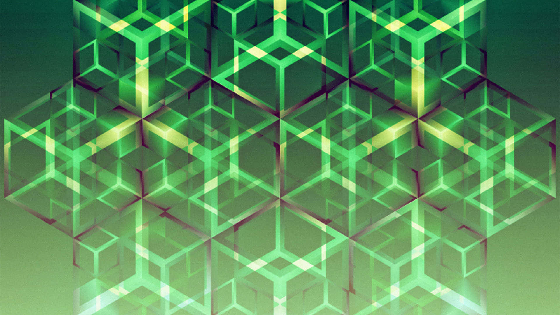 Geometric Pattern 桌布 壁紙 — 由相互連接的立方體組成的發光綠色幾何圖案，在漸變背景上形成迷人的數位網格。