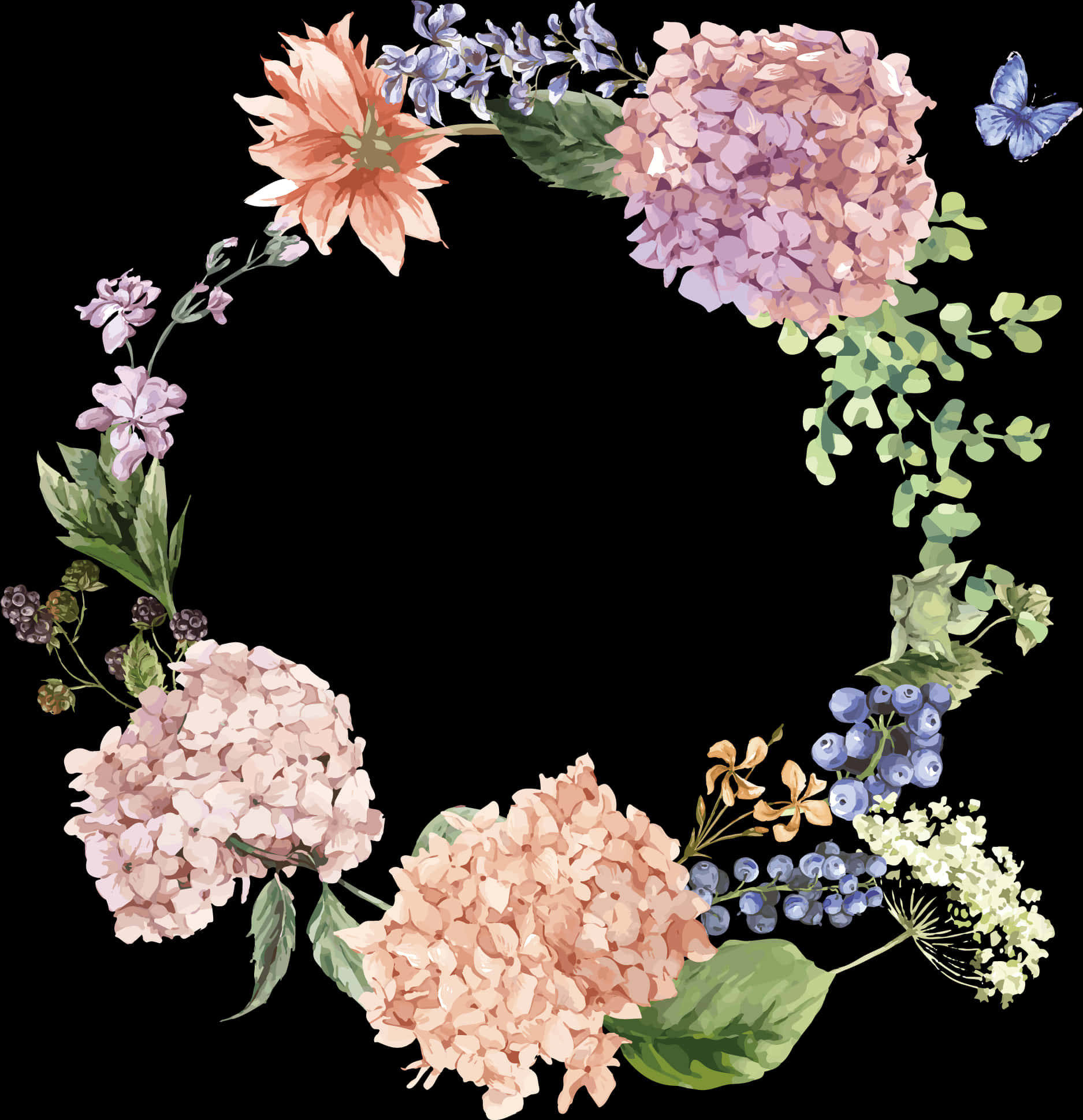 Flower Wreath 桌布 壁紙 — 由粉紅繡球花、蜜桃色大麗花、藍莓和綠色植物組成的精緻花環，在純黑背景上形成優雅的圓圈，附近有一隻藍色蝴蝶翩翩飛舞。