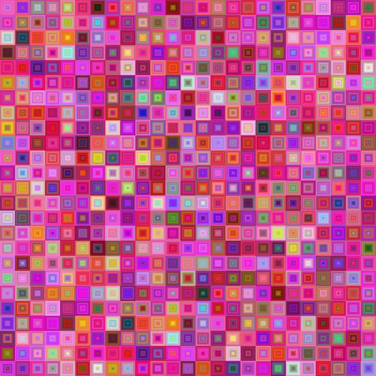 Mosaic 桌布 壁紙 — 由粉紅色、紅色和紫色等不同色調的多色正方形組成的充滿活力的馬賽克，形成動態的抽象圖案。