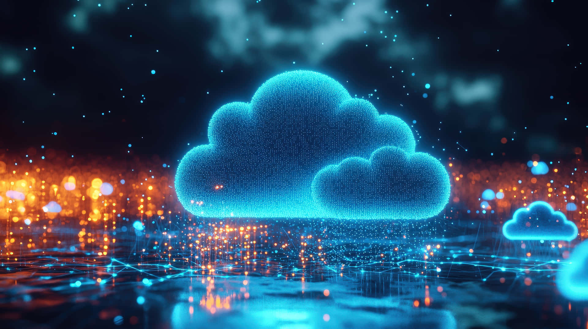Futuristic Digital Cloud Computing Technology Concept with Glowing Holographic Data 壁紙 — 由粒子組成的發光藍色數位雲懸浮在帶有橙色散景燈光和網路線條的反射表面上。