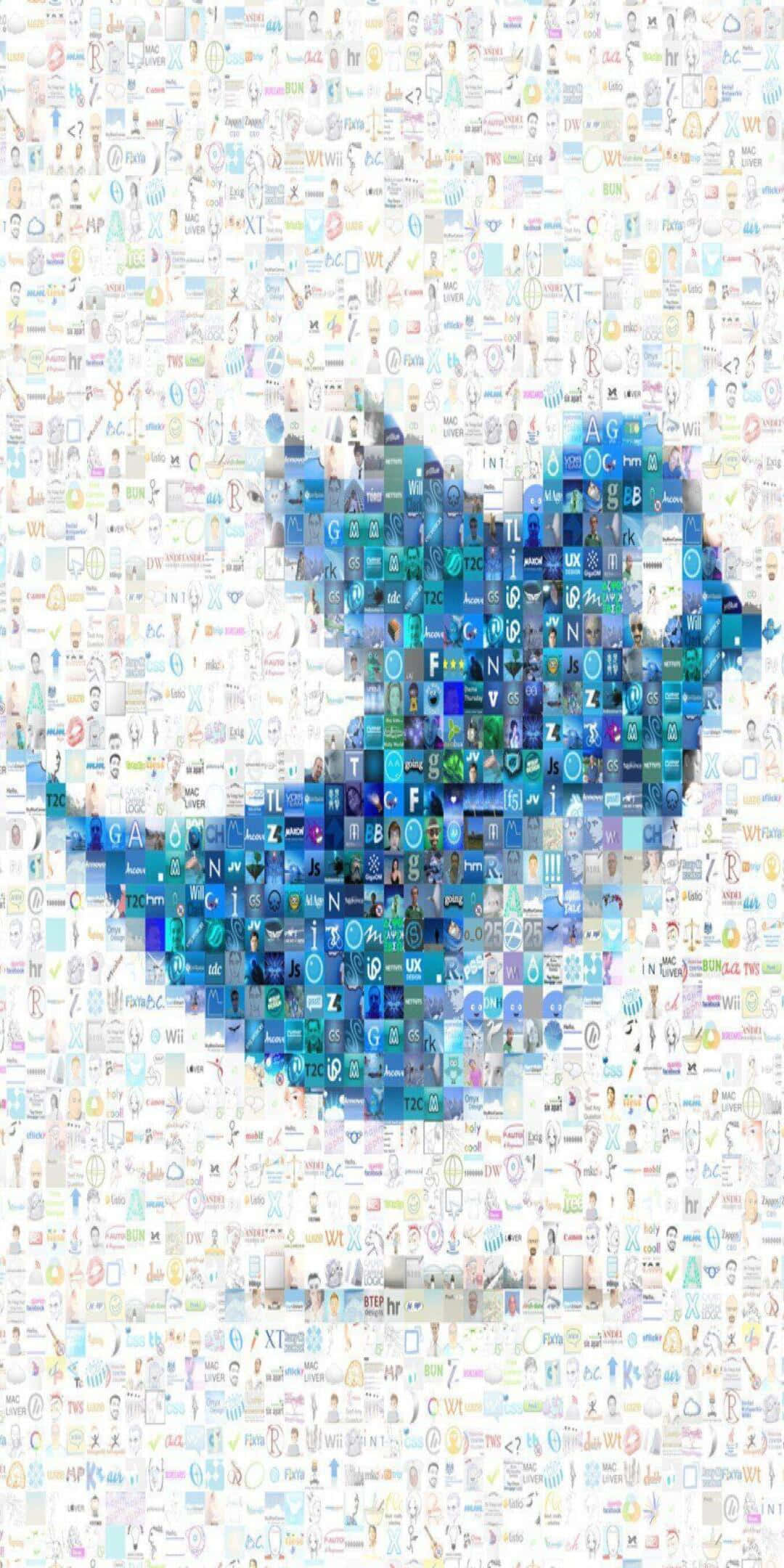 Social 桌布 壁紙 — 由細小應用程式圖示和符號的馬賽克組成的藍色鳥剪影，背景為白色。