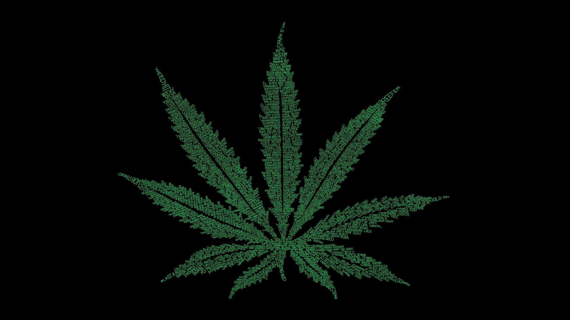 黑色背景上由文字組成的綠色大麻葉。 — 大麻 壁紙