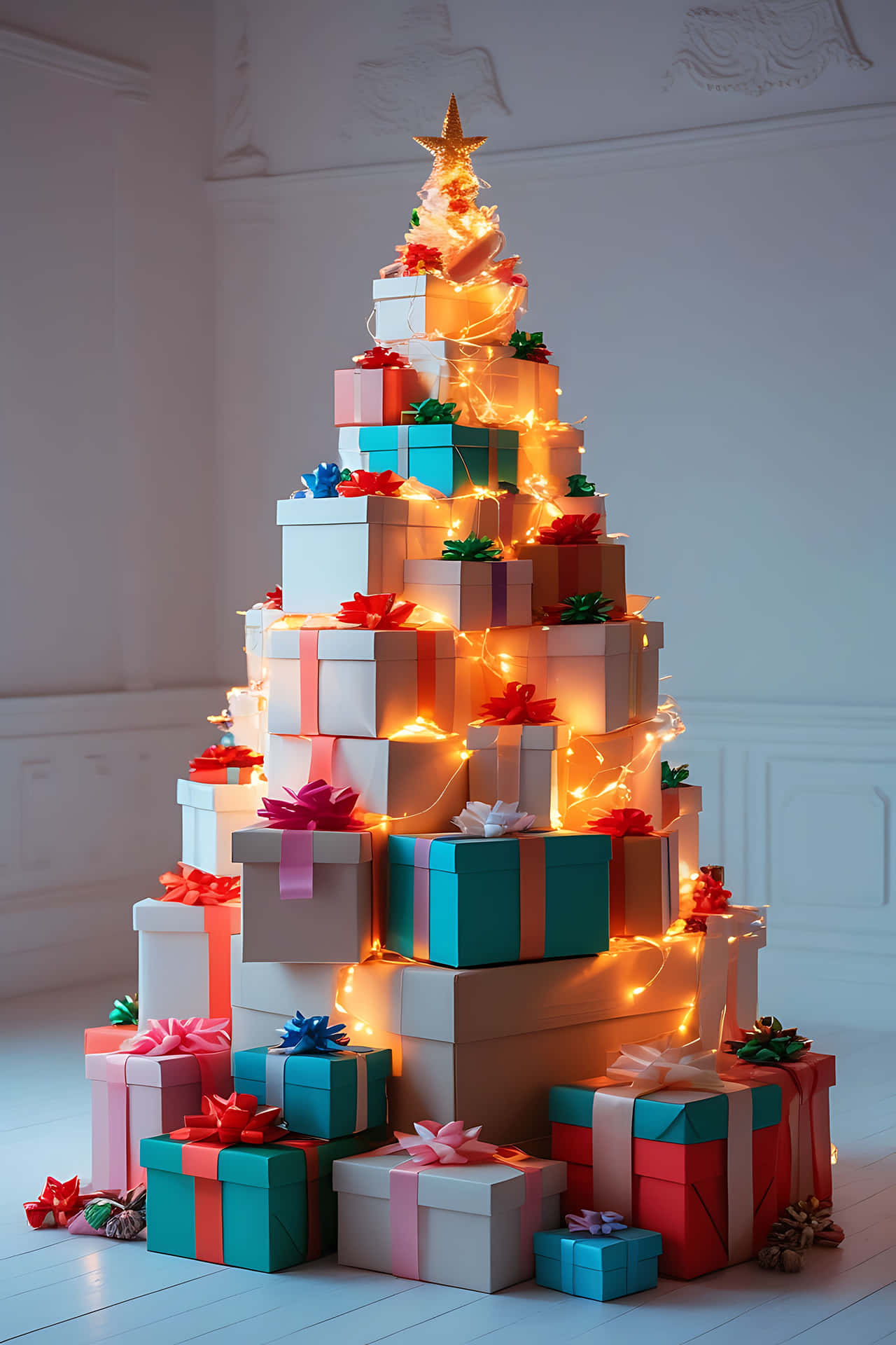 Creative gift box christmas tree 壁紙 — 由色彩繽紛的禮物盒堆疊而成的宏偉聖誕樹，飾以閃爍的仙女燈和節日蝴蝶結。