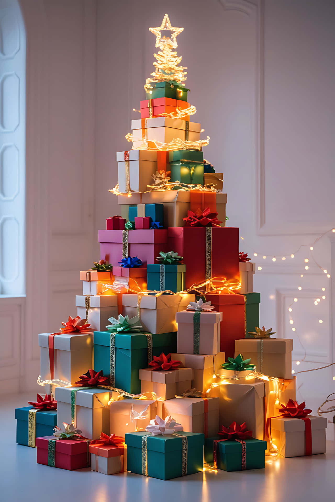 Creative christmas gift pyramid 壁紙 — 由色彩繽紛的禮物盒堆疊而成的宏偉聖誕樹，飾以閃爍的仙女燈，頂端有一顆閃亮的星星。