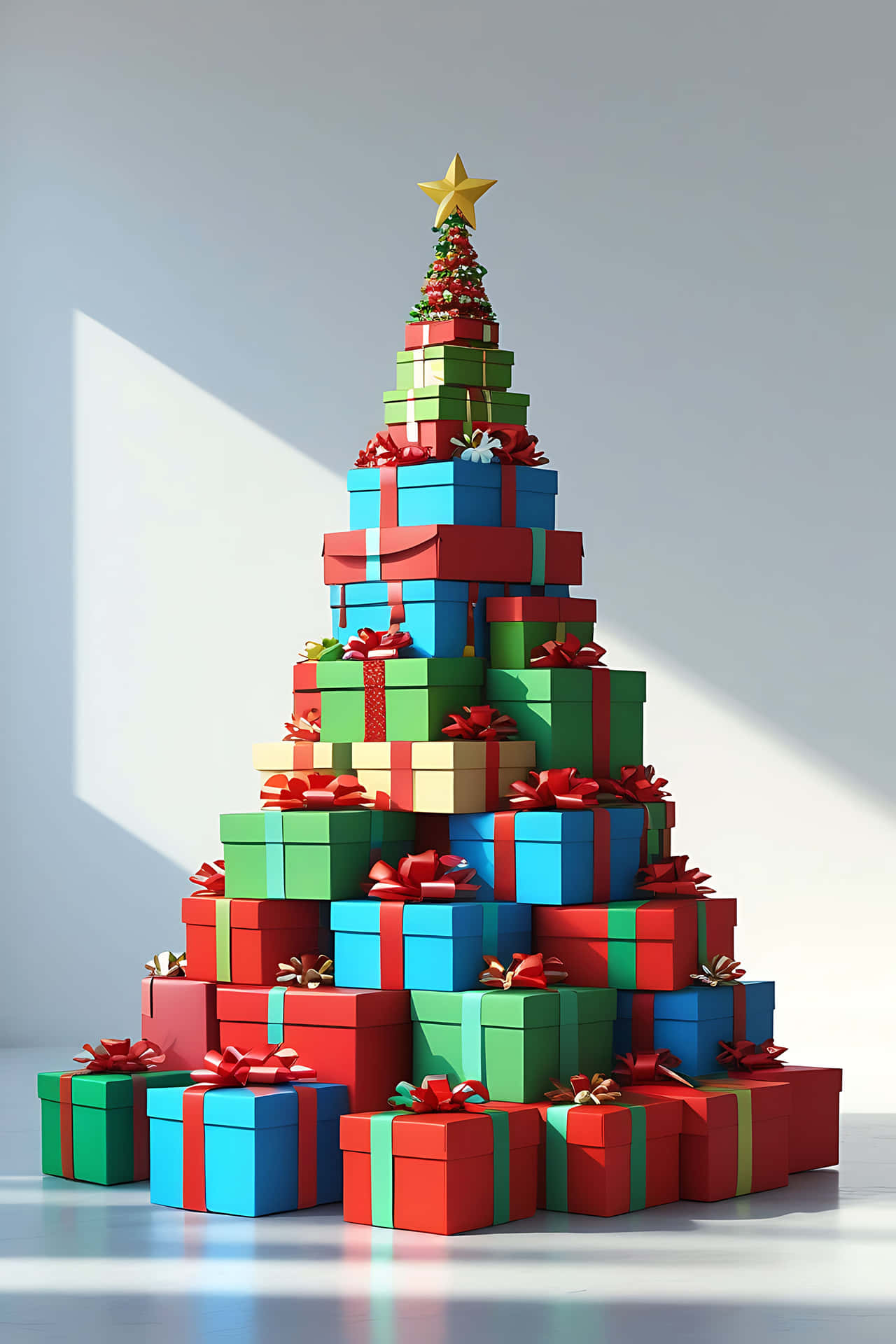 Creative gift box christmas tree 壁紙 — 由色彩繽紛的禮物盒堆疊而成的高聳聖誕樹，頂部飾有金色星星和紅色蝴蝶結。