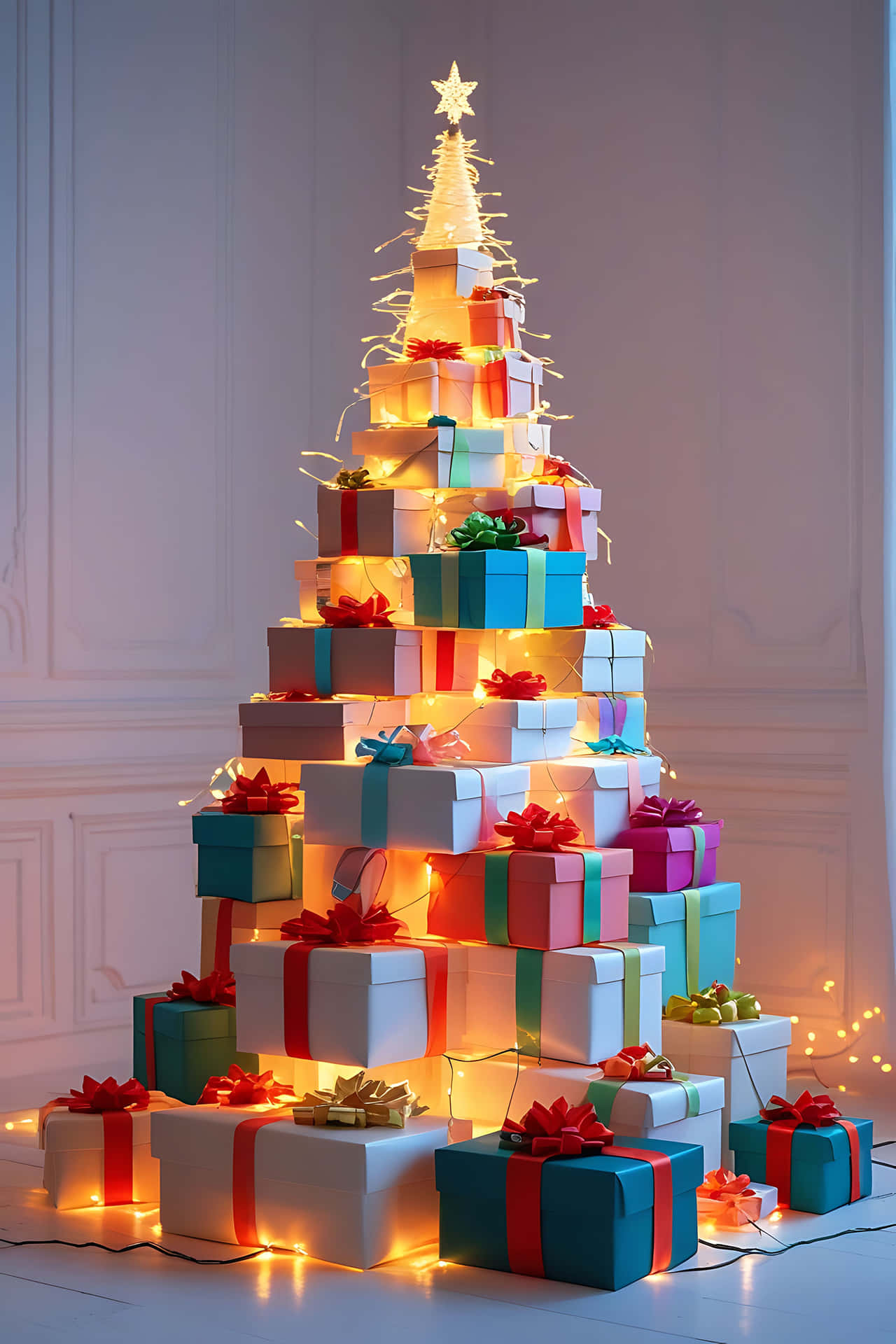 Creative gift box christmas tree 壁紙 — 由色彩繽紛的禮物盒堆疊而成的高聳聖誕樹，飾有蝴蝶結和閃爍的燈串，頂端有一顆星星。