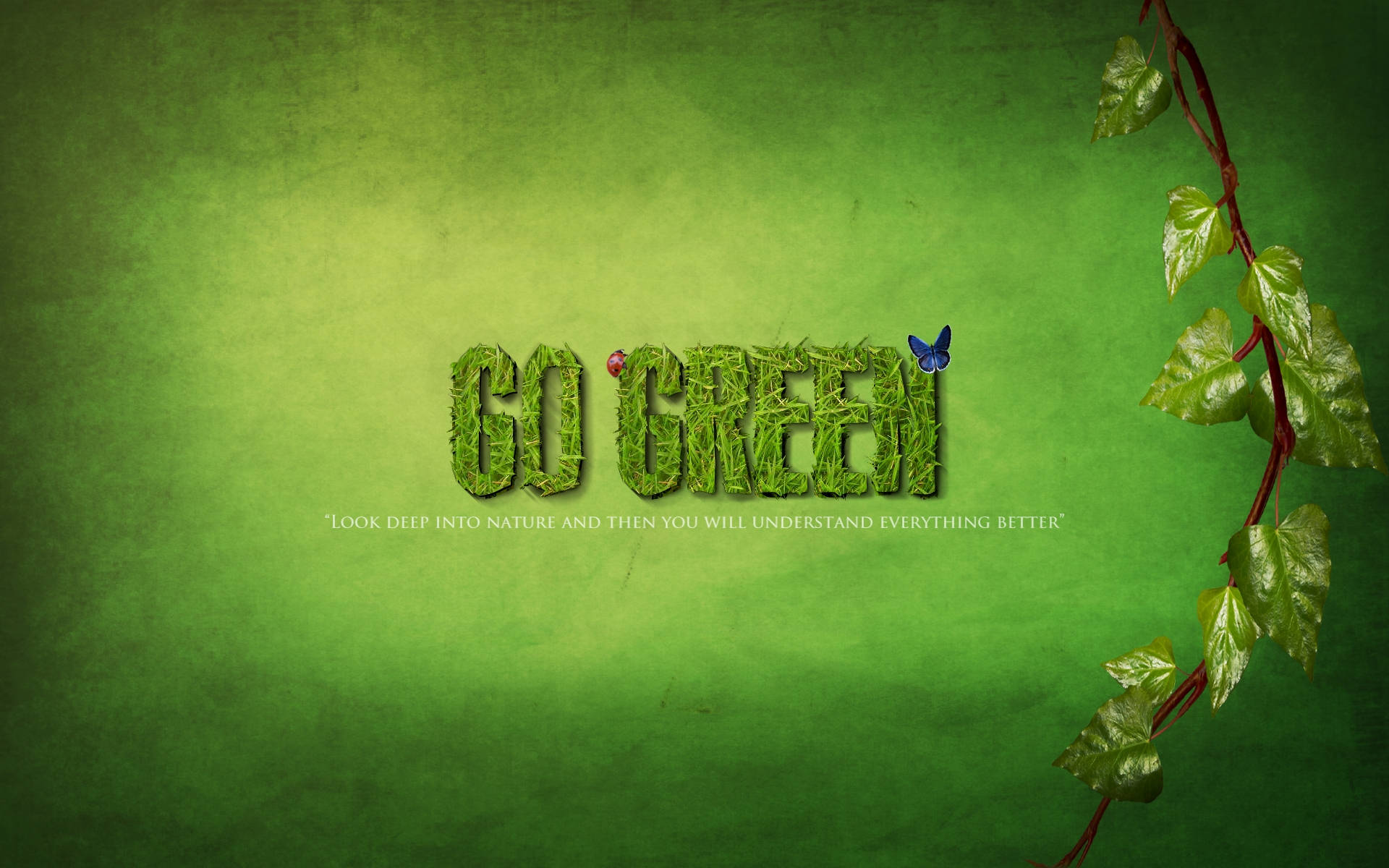 Earth Day 桌布 壁紙 — 由草製成的文字「GO GREEN」，文字上有一隻瓢蟲和一隻蝴蝶，背景為帶有常春藤藤蔓的紋理綠色背景。