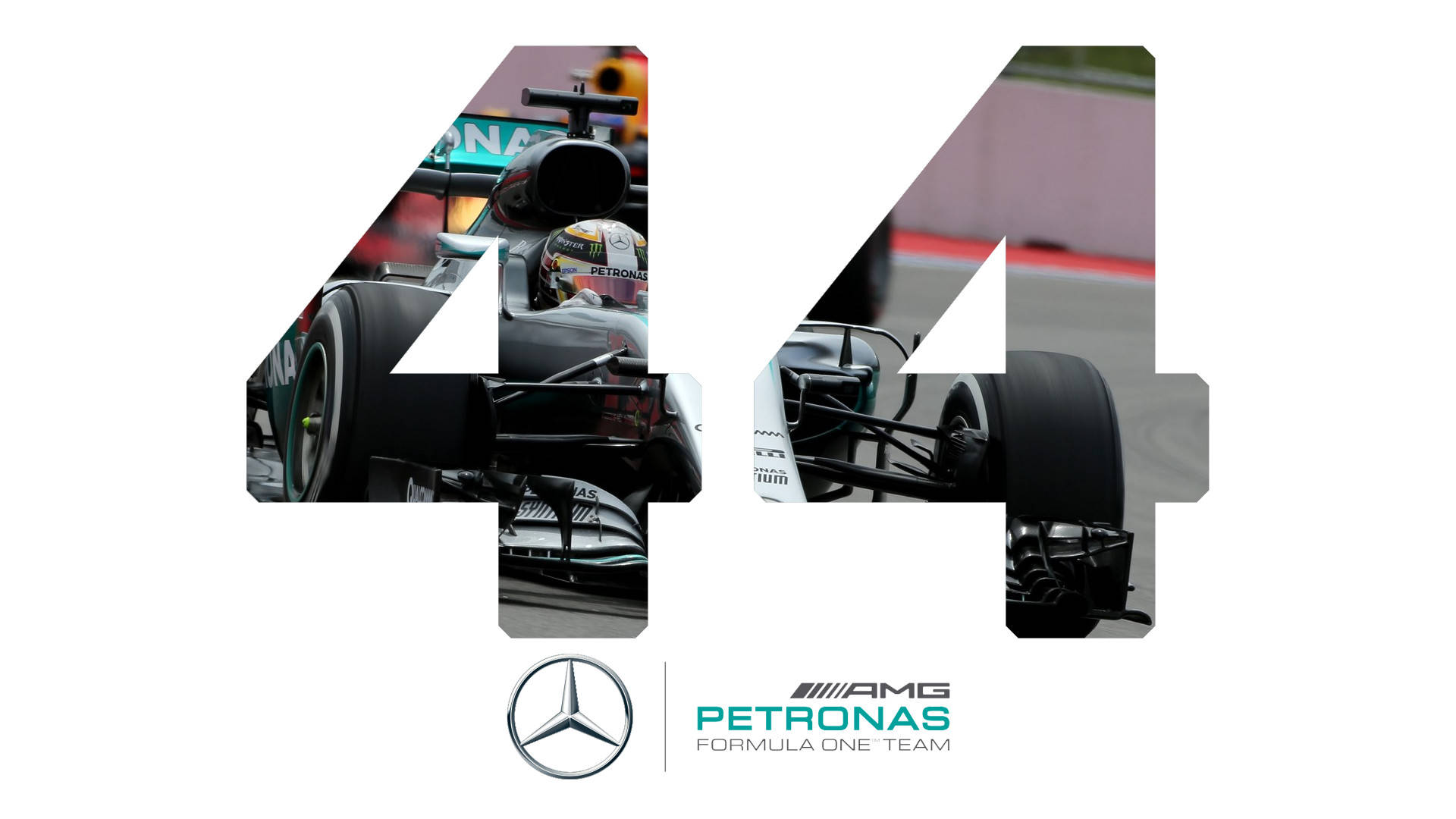 Hamilton F1 桌布 壁紙 — 由賓士一級方程式賽車組成的數字44，車手頭盔清晰可見。