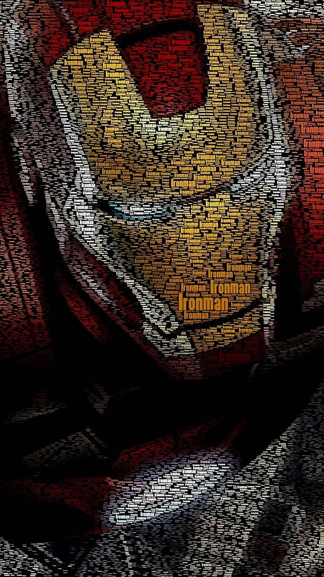 Marvel Aesthetic 桌布 壁紙 — 由重複的「Ironman」文字以鮮明的紅、金、黑色調組成的鋼鐵人頭盔。