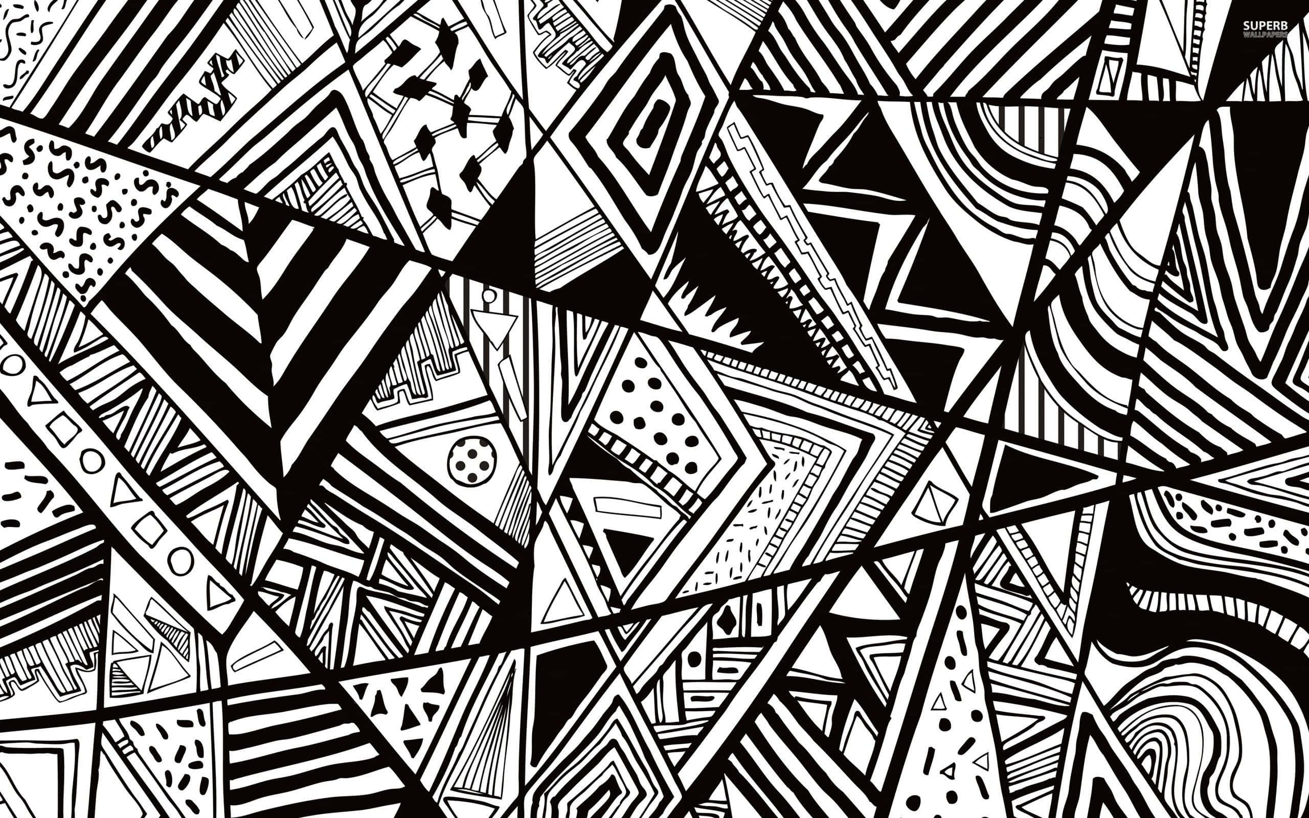 Black And White Geometric 桌布 壁紙 — 由銳利幾何形狀和複雜線條藝術組成的醒目黑白抽象圖案。
