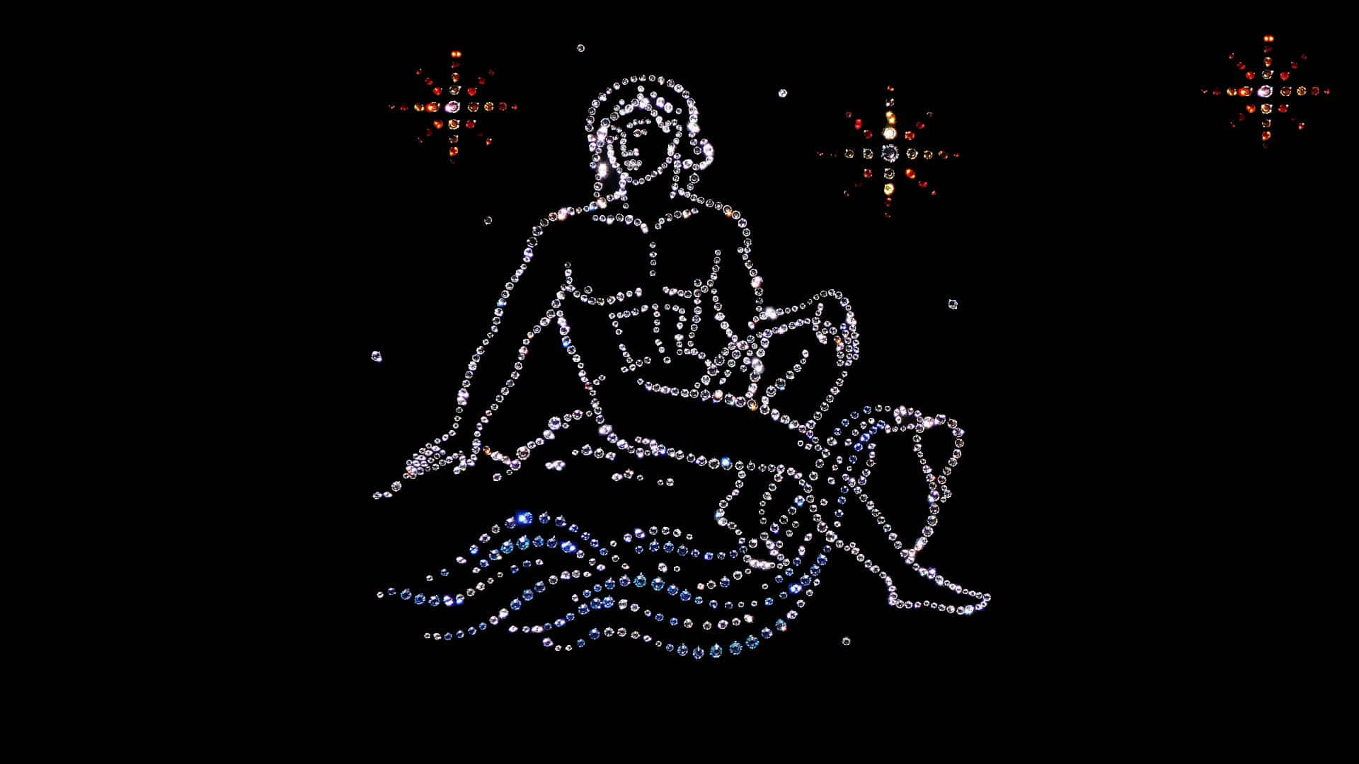 aquarius 桌布 壁紙 — 由鑽石和水晶製成的閃爍美人魚剪影，黑色背景上帶有閃爍的星爆。