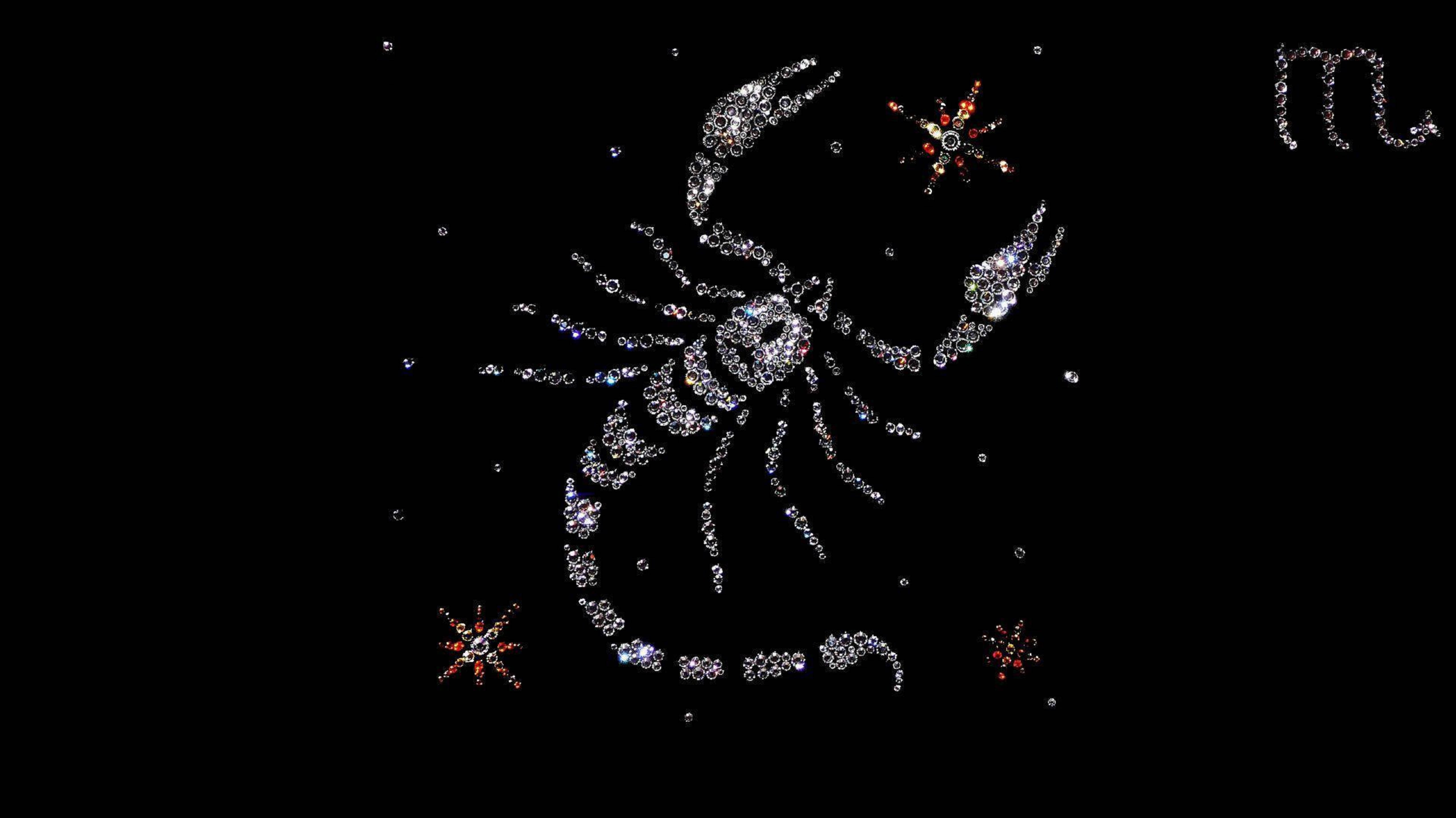 zodiac 桌布 壁紙 — 由閃亮水鑽形成的閃爍天蠍座星座，背景為黑色，散佈著星星。