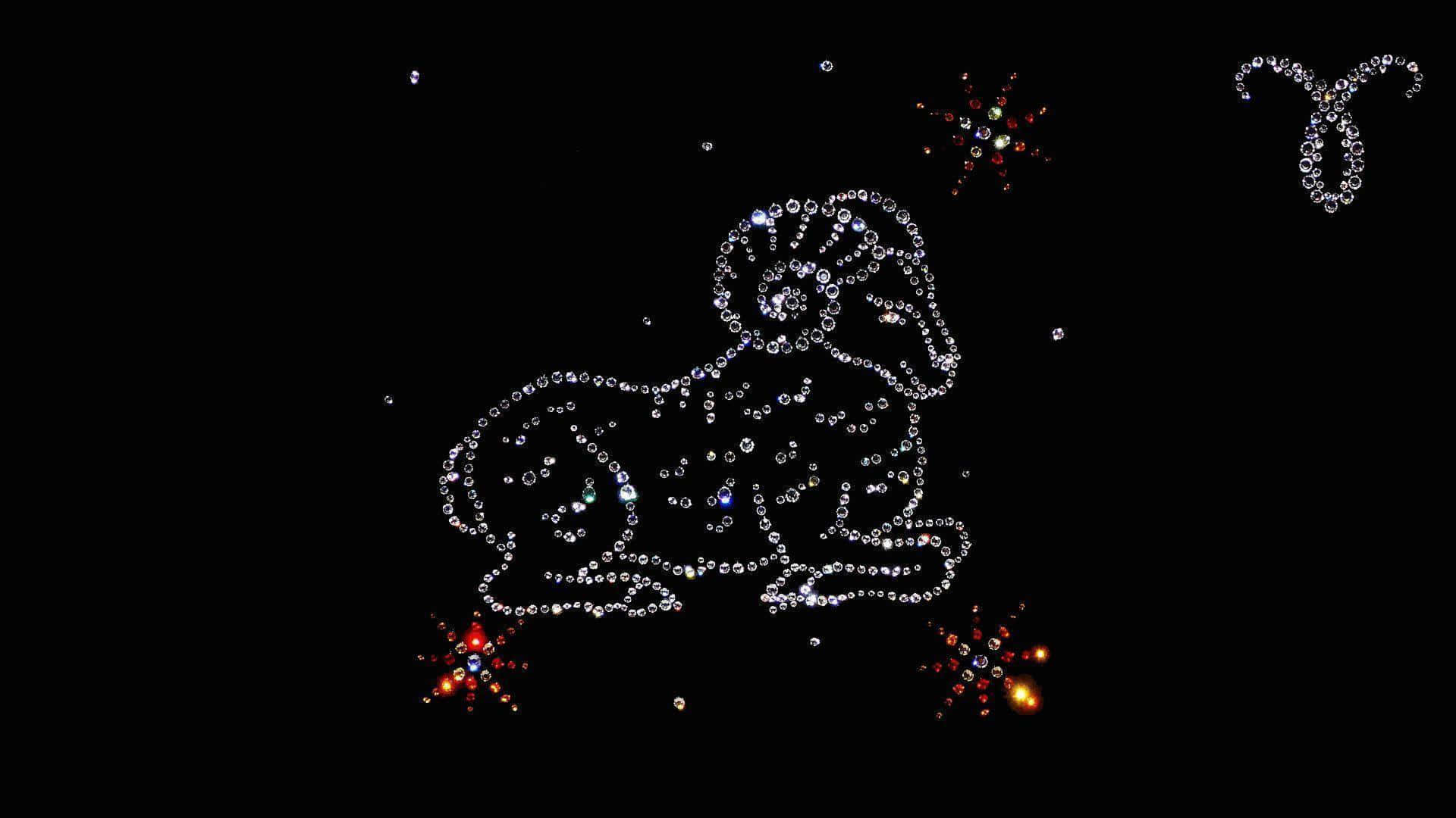 aries 桌布 壁紙 — 由閃亮水鑽形成的閃爍白羊座星座，黑色背景上帶有彩色星爆。