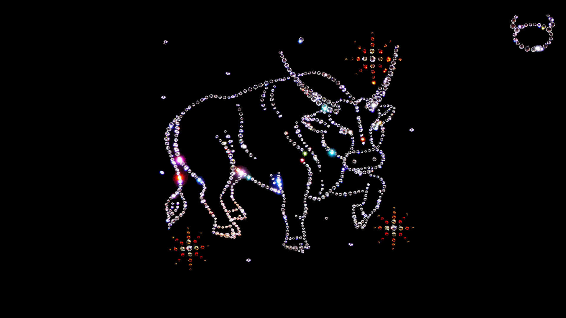 taurus 桌布 壁紙 — 由閃亮水鑽形成的閃爍金牛座，黑色背景上帶有彩色星爆。