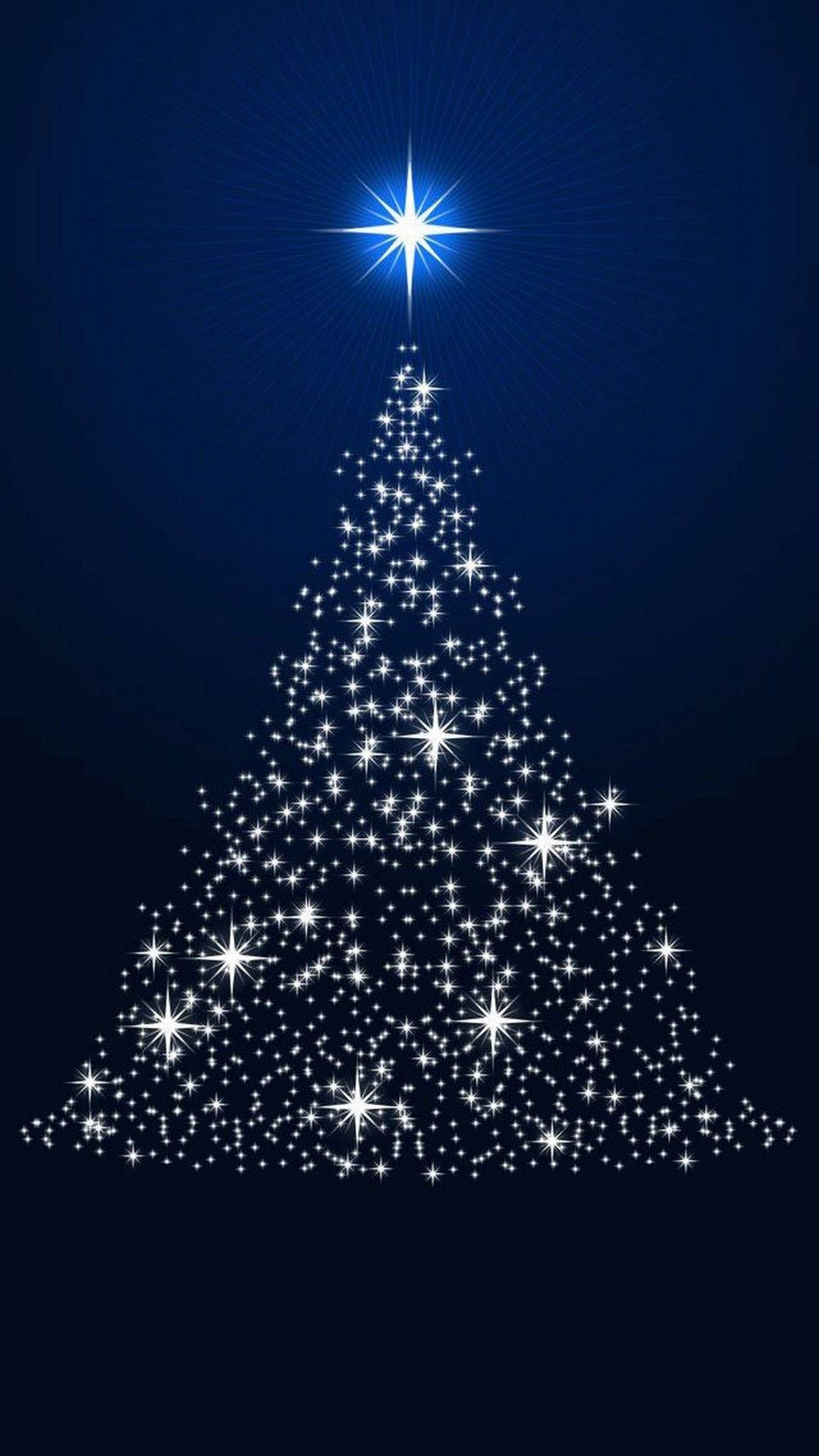 Christmas Lights iPhone 桌布 壁紙 — 由閃爍星星組成的璀璨聖誕樹，頂端有一顆明亮的星星，背景為深藍色漸變。