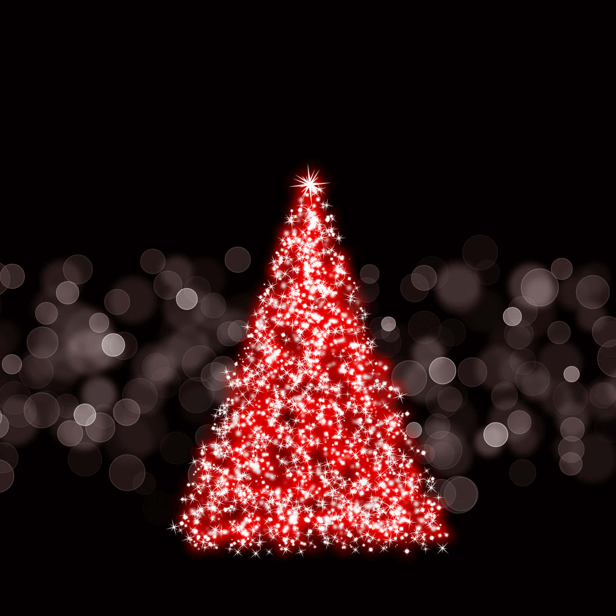 Red Christmas iPhone 桌布 壁紙 — 由閃爍燈光組成的燦爛紅色聖誕樹，在帶有柔和白色散景的黑色背景上發光。