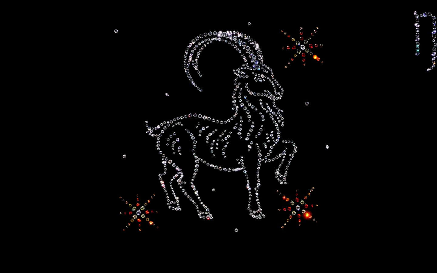 摩羯座 桌布 壁紙 — 由閃爍點點組成的閃亮山羊星座，背景為黑色，並帶有彩色星爆。