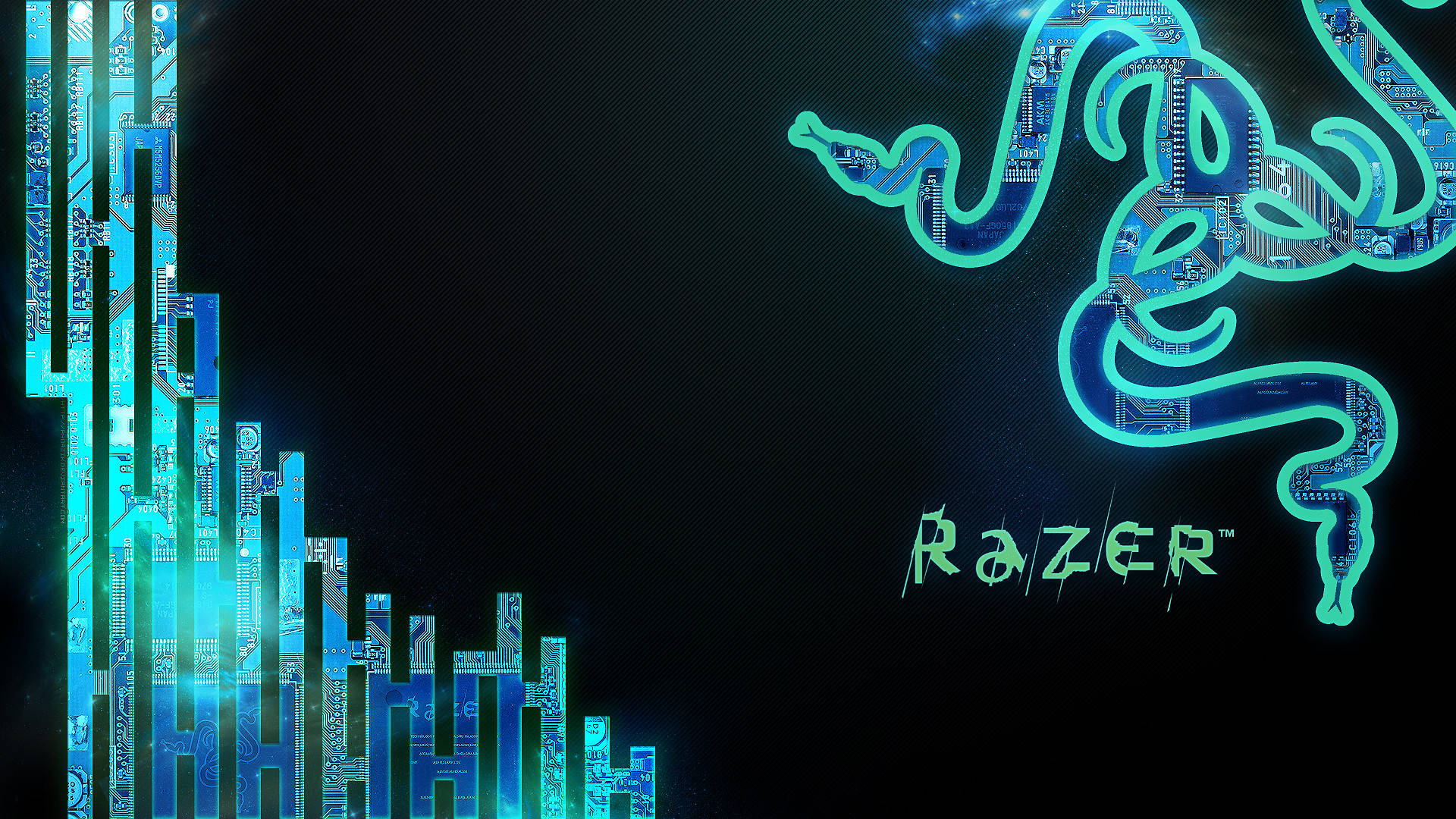 Razer Pc 桌布 壁紙 — 由電路板組成的發光青色Razer標誌，背景為深色，帶有垂直科技元素。