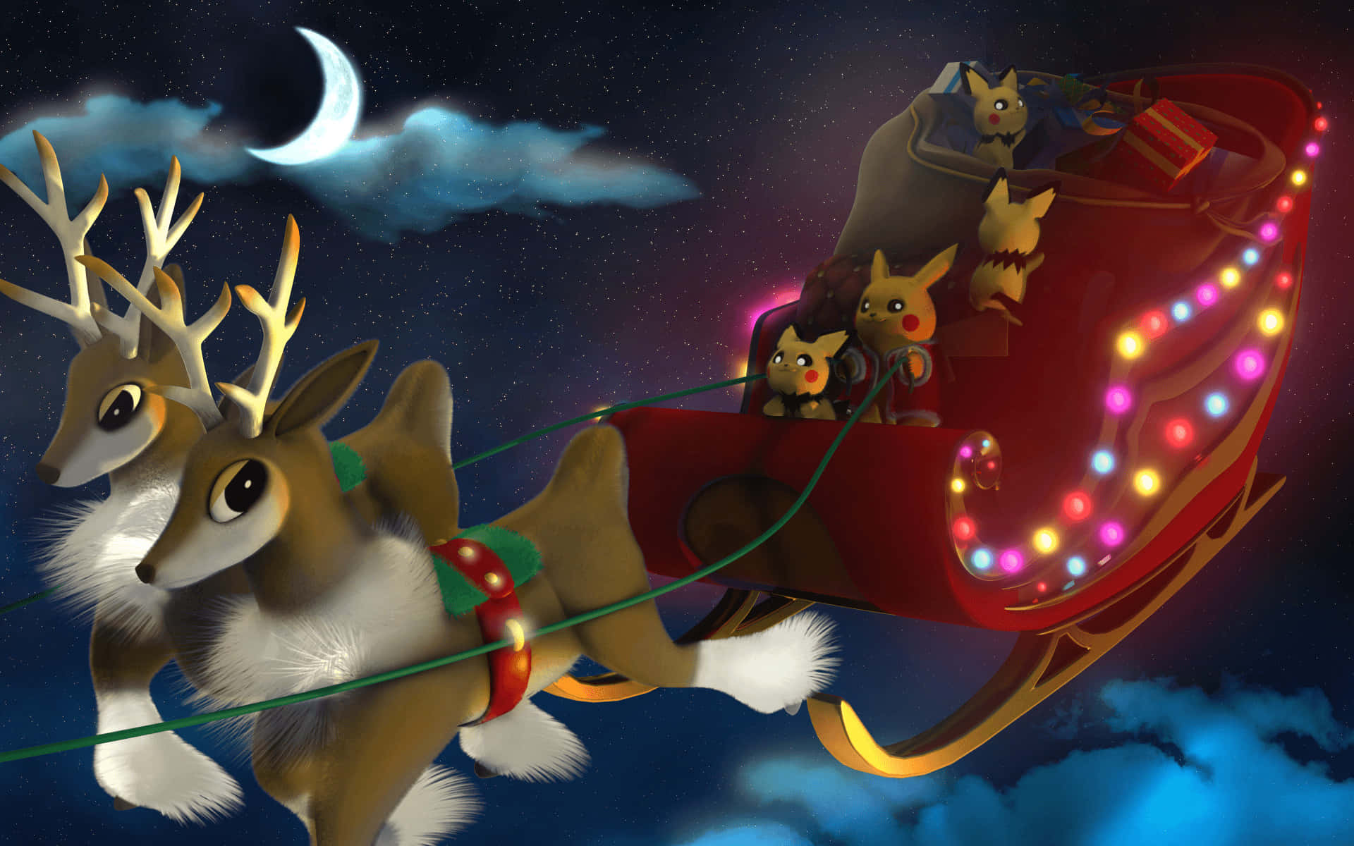 寶可夢 桌布 壁紙 — 由馴鹿拉著的雪橇飛過有彎月的星空夜空，皮卡丘和其他寶可夢一同乘坐。