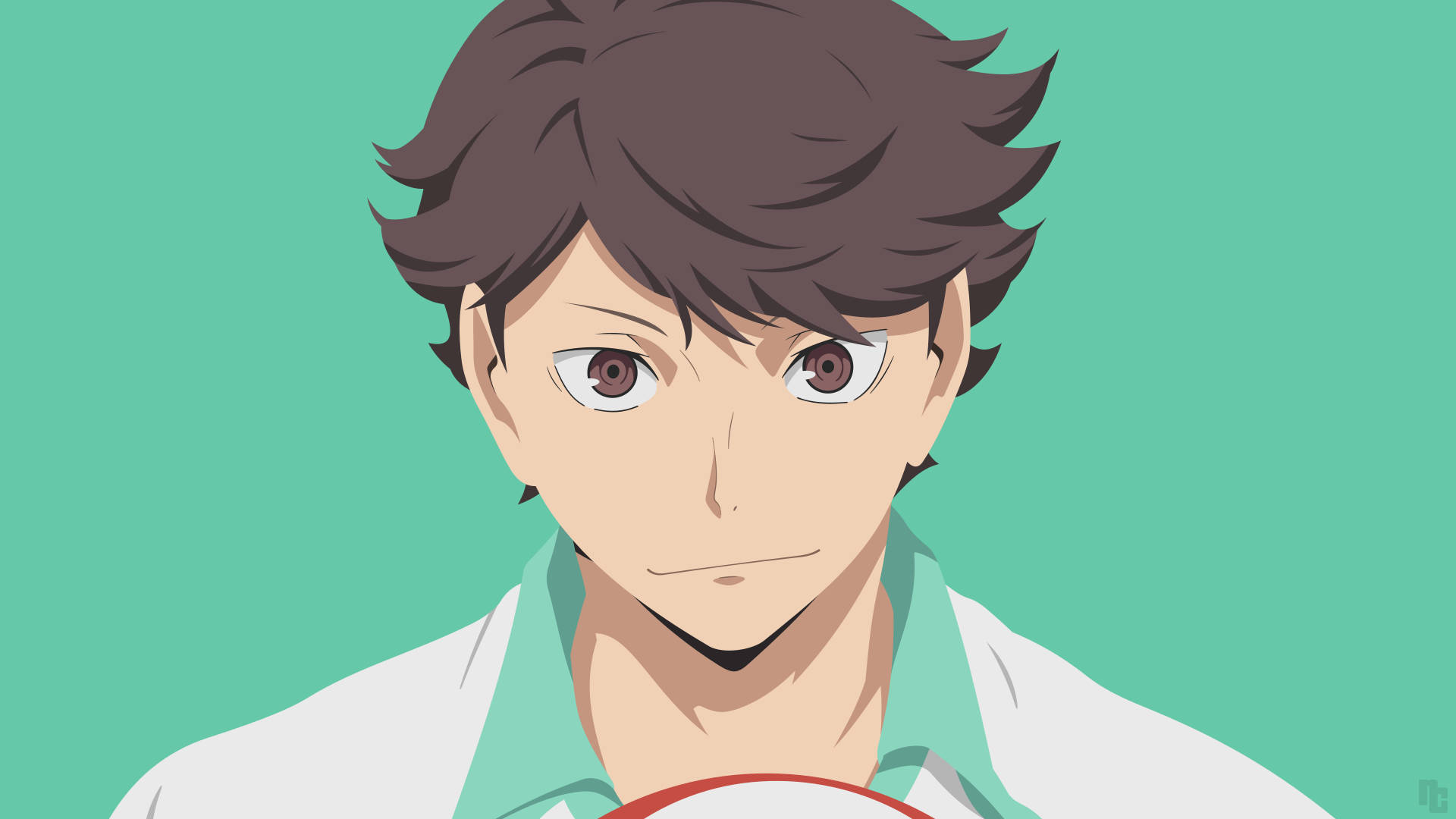 toru oikawa 桌布 壁紙 — 男性動漫角色的特寫，棕色頭髮，眼神銳利，背景為純青色。