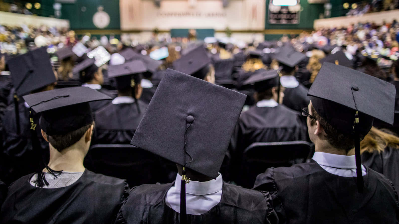 Graduation 桌布 壁紙 — 畢業典禮期間，身穿黑色學士帽和學士袍的畢業生坐在擁擠的室內場館的背面視圖。
