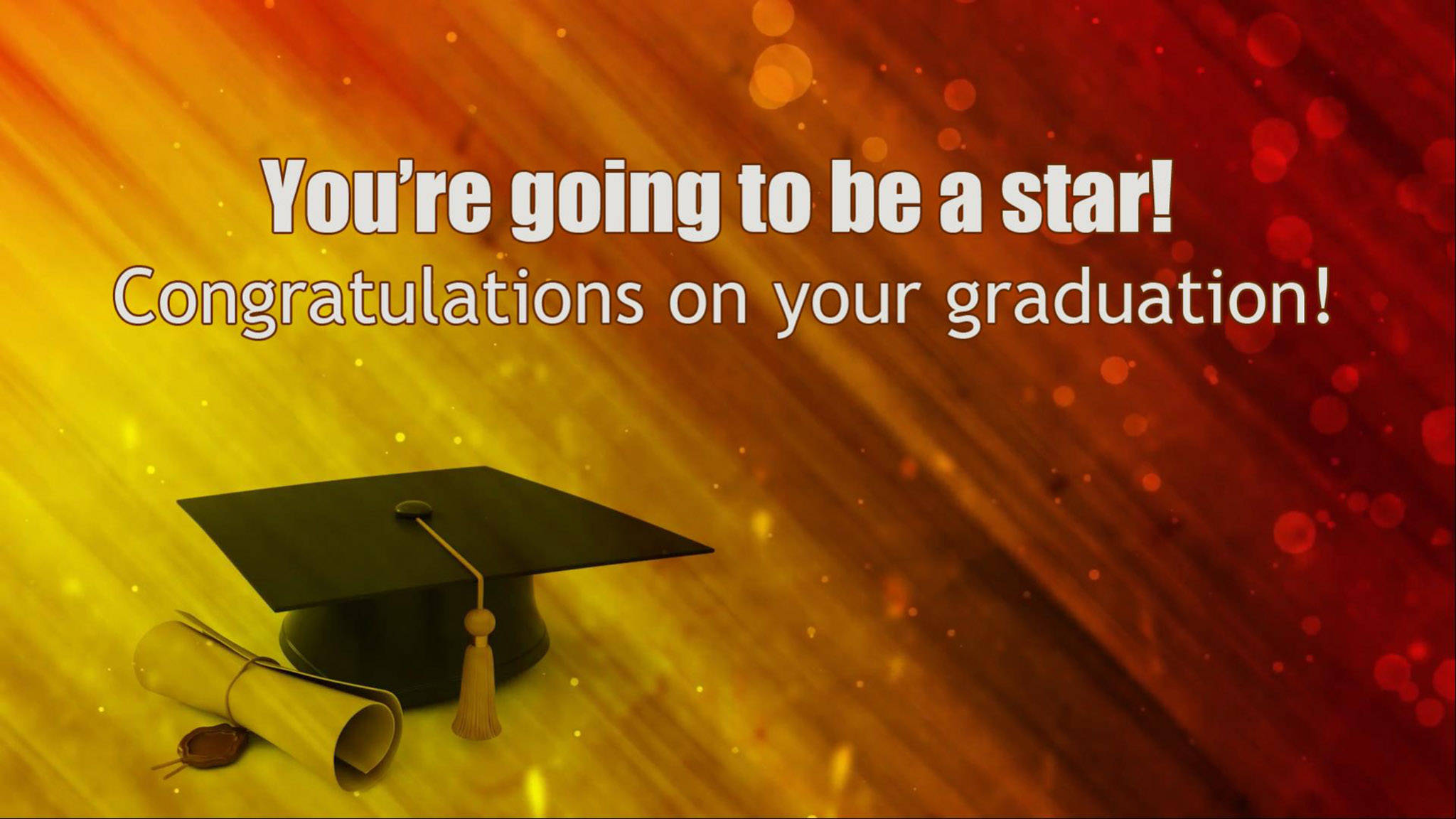Graduation 桌布 壁紙 — 畢業帽和文憑放在閃耀的金紅色背景上，並帶有慶祝文字。