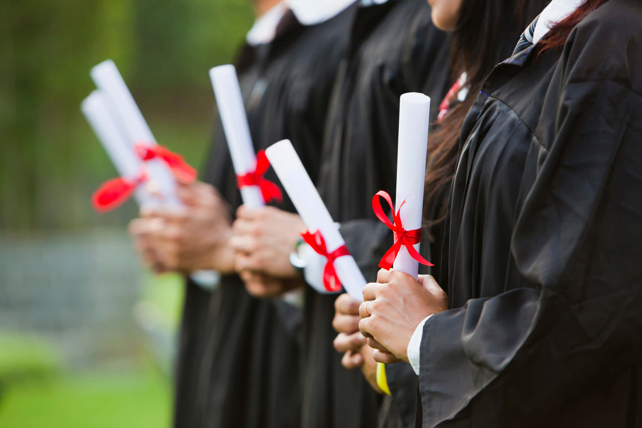 Graduation Ceremony 桌布 壁紙 — 畢業生身穿黑色畢業袍，手持以紅絲帶綁著的捲起畢業證書，在戶外的特寫鏡頭。