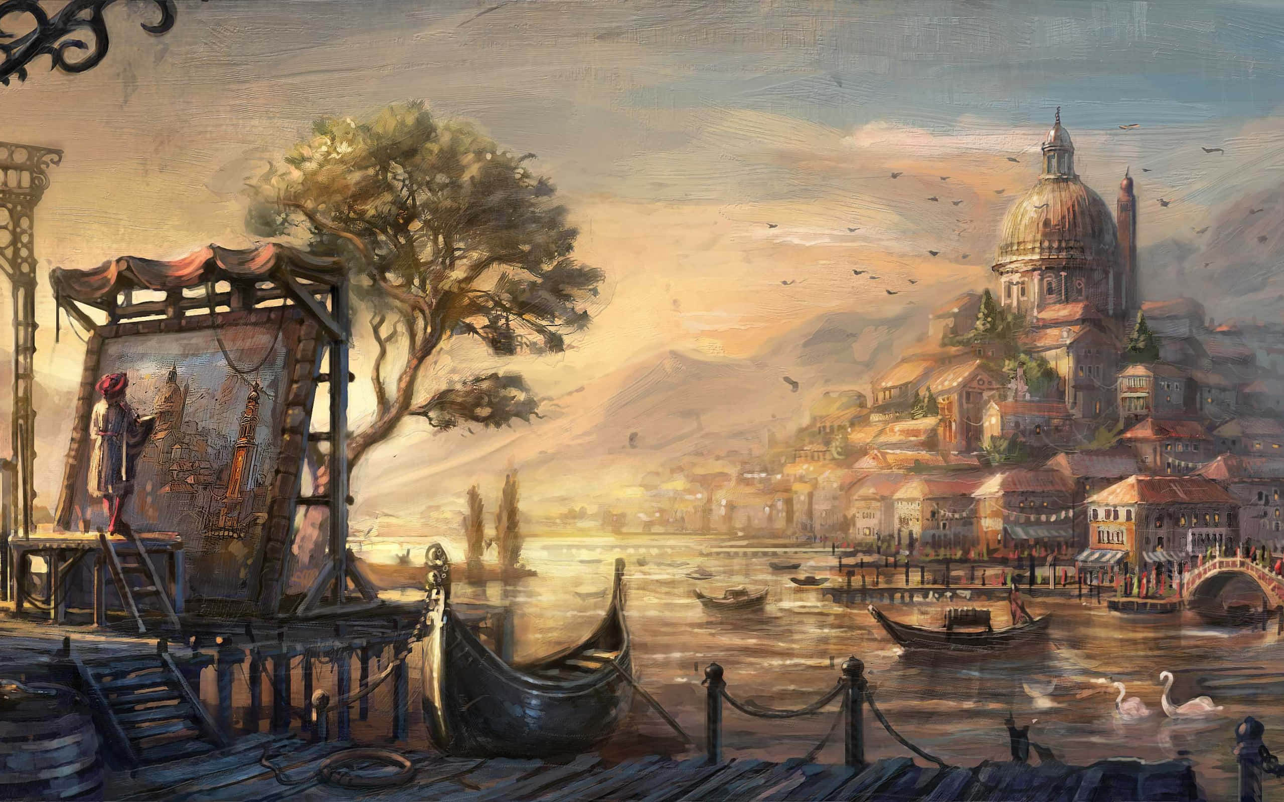 Painting 桌布 壁紙 — 畫家捕捉黃金時段的威尼斯運河景色，有貢多拉、天鵝和圓頂教堂，天空朦朧。