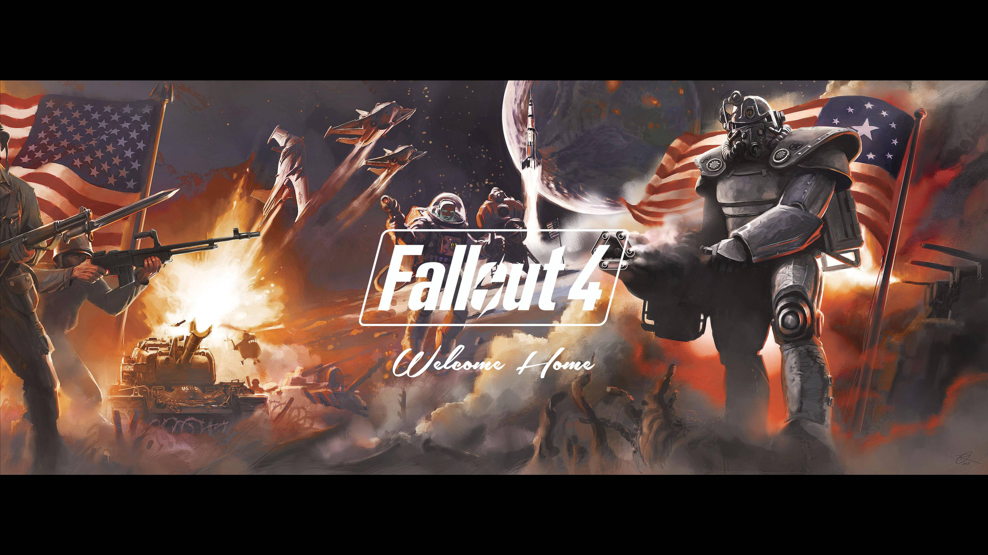 Fallout 4 桌布 壁紙 — 《異塵餘生4》的動力裝甲戰士在骷髏月亮下，身處充滿美國國旗和爆炸的激烈戰鬥中。