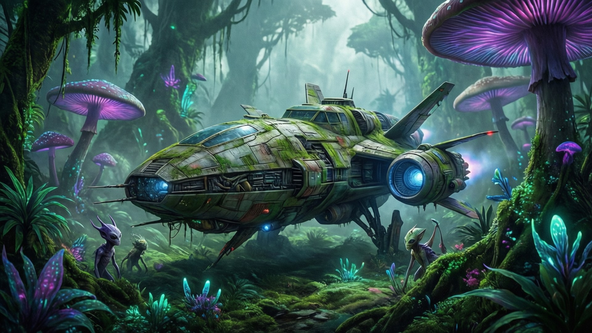 異星叢林登陸 壁紙 — 一艘佈滿苔蘚的太空船停泊在迷霧籠罩的外星叢林中，周圍有發光的紫色蘑菇和小生物在觀看。