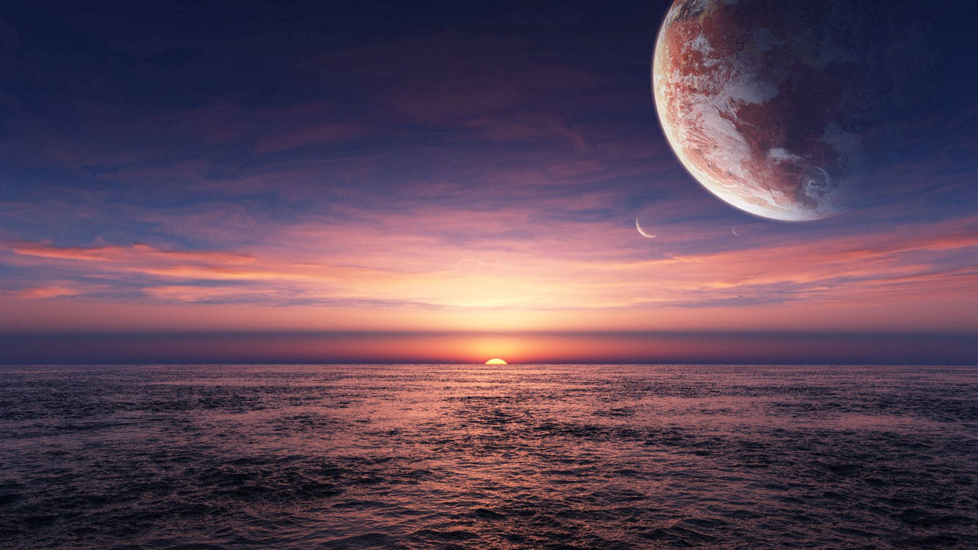 行星動畫 桌布 壁紙 — 異星海洋上的超現實日落，一顆巨大行星和新月在充滿活力的紫色和橙色天空中發光。
