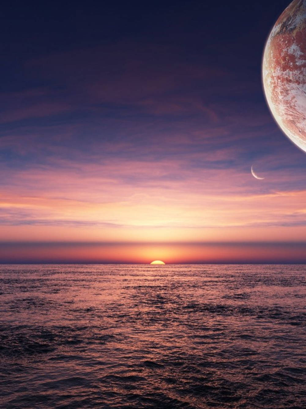 Ocean Sunset 桌布 壁紙 — 異星海洋上的超現實日落，一顆巨大行星和彎月在暮色天空中發光。